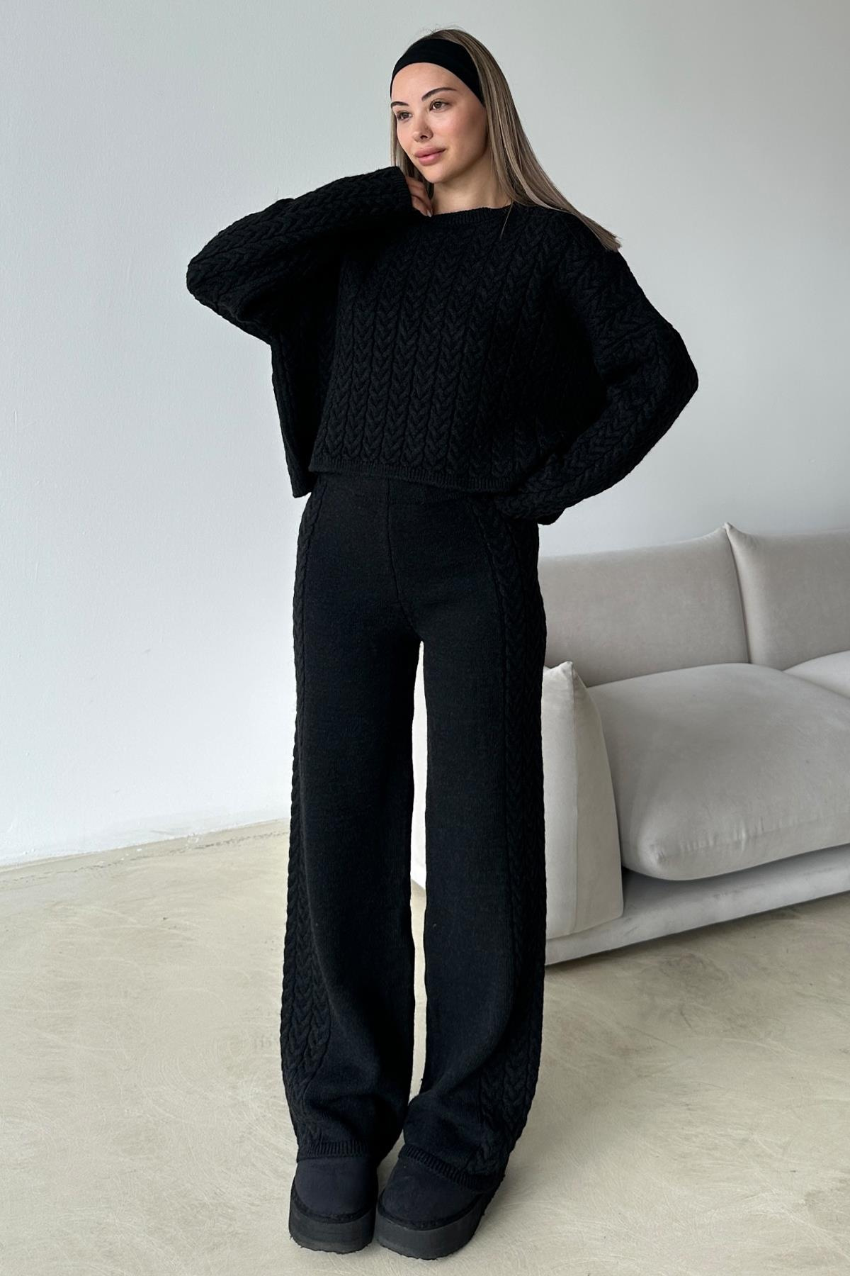 Crew Neck Hair Knit Sweater Suit BLACK 9369-TK