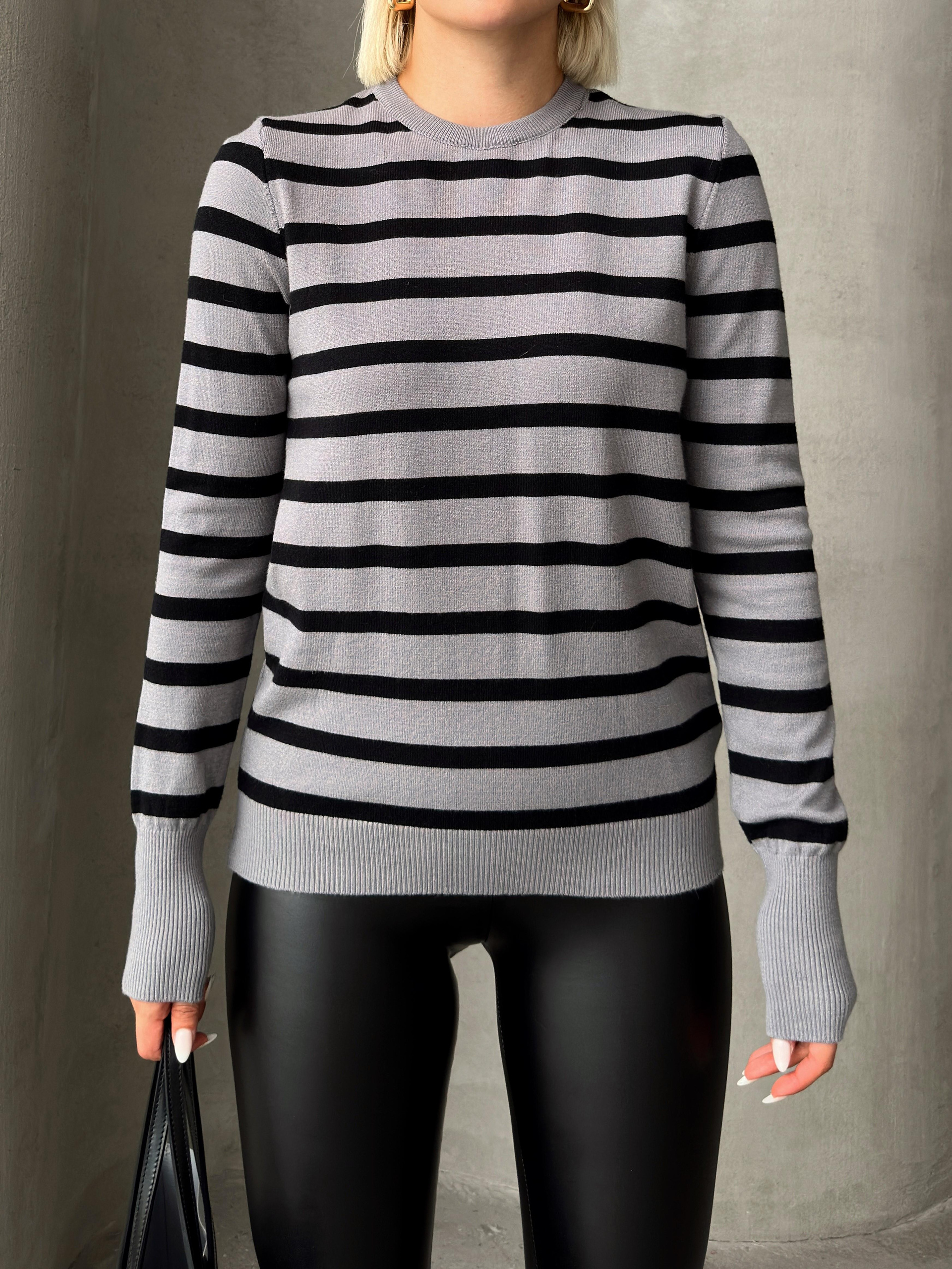 Bisiklet Yaka Siyah Çizgili Triko Kazak GRİ 8236