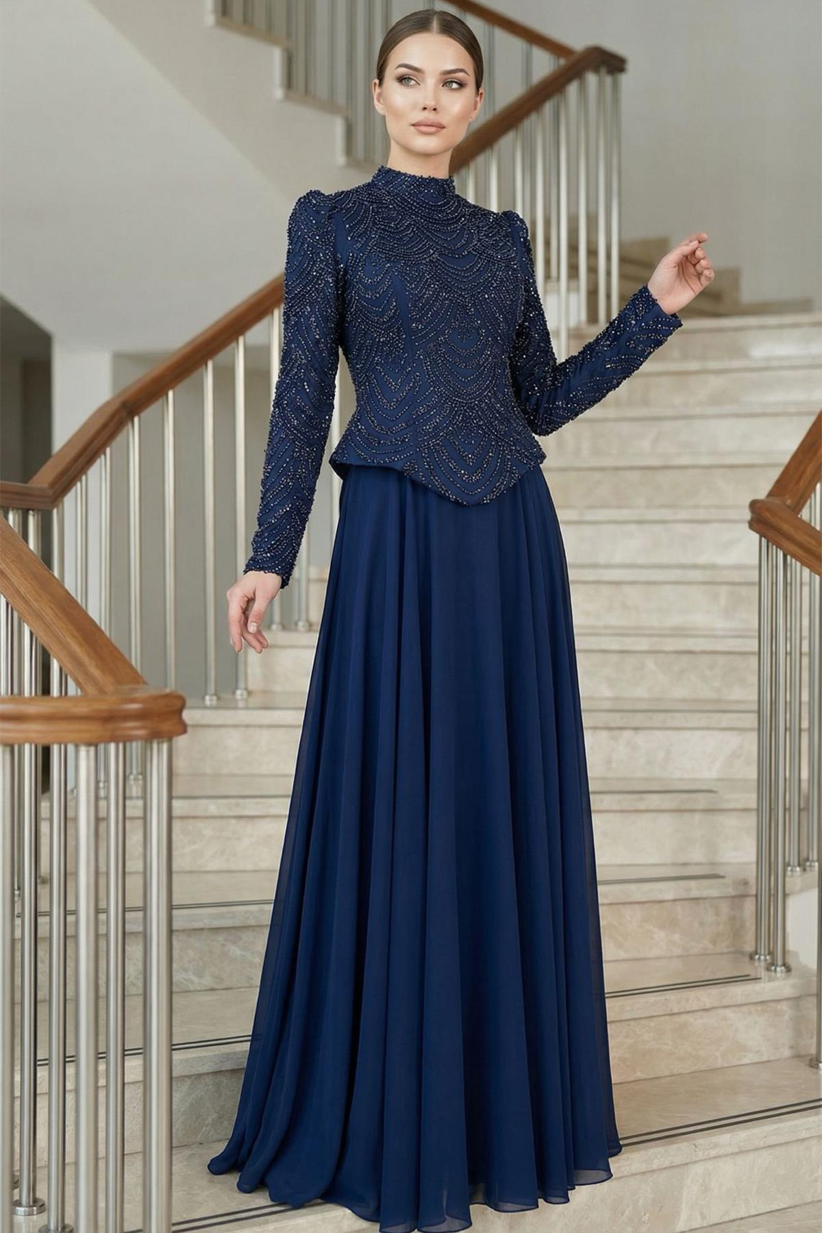 Boncuk ve Pul Bezeli Şifon Kombinli Exclusive Tesettür Abiye Elbise LACİVERT 1065