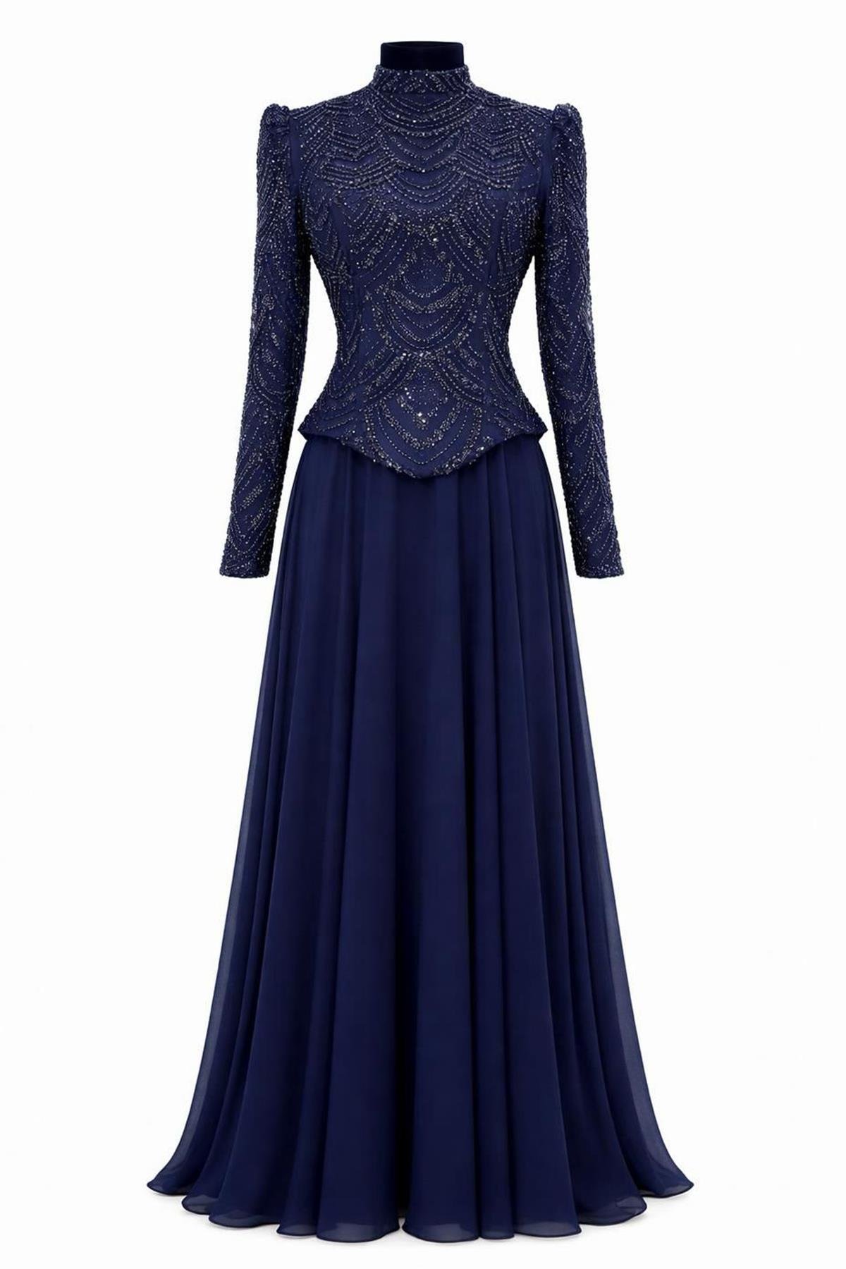 Boncuk ve Pul Bezeli Şifon Kombinli Exclusive Tesettür Abiye Elbise LACİVERT 1065