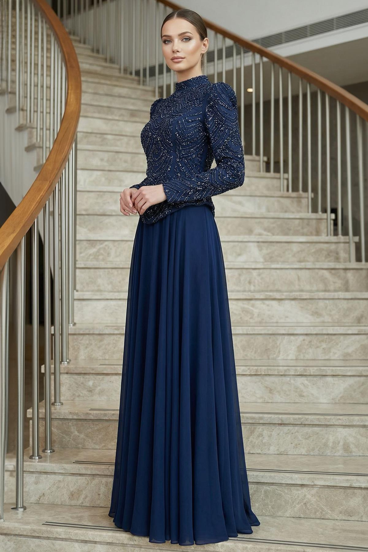 Boncuk ve Pul Bezeli Şifon Kombinli Exclusive Tesettür Abiye Elbise LACİVERT 1065