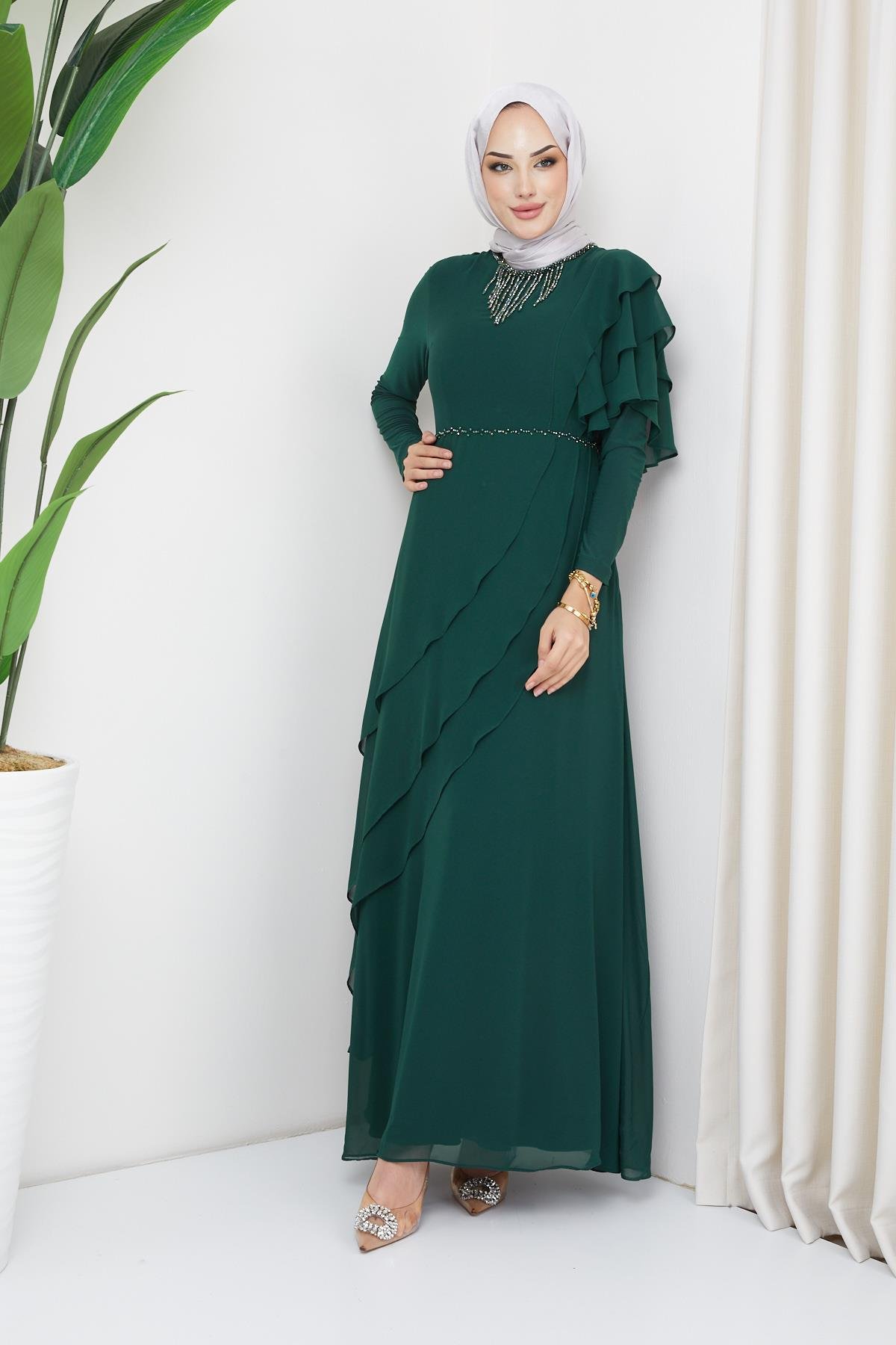 Chiffon Modest Evening Dress with Beads and Flounce Details GREEN 1652