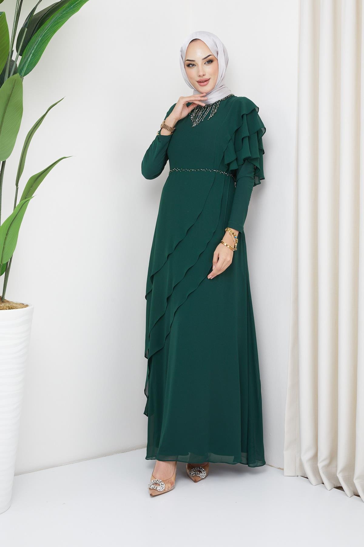 Chiffon Modest Evening Dress with Beads and Flounce Details GREEN 1652
