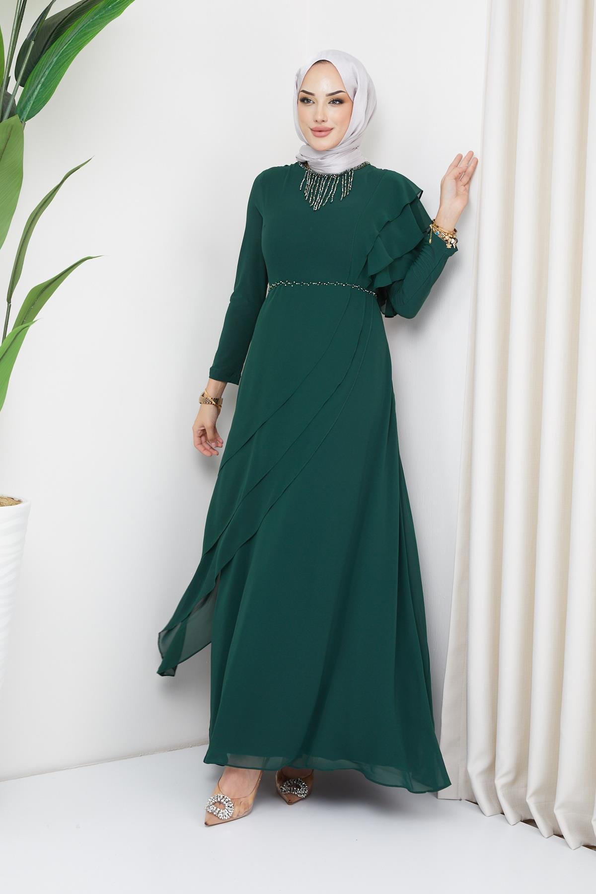 Chiffon Modest Evening Dress with Beads and Flounce Details GREEN 1652