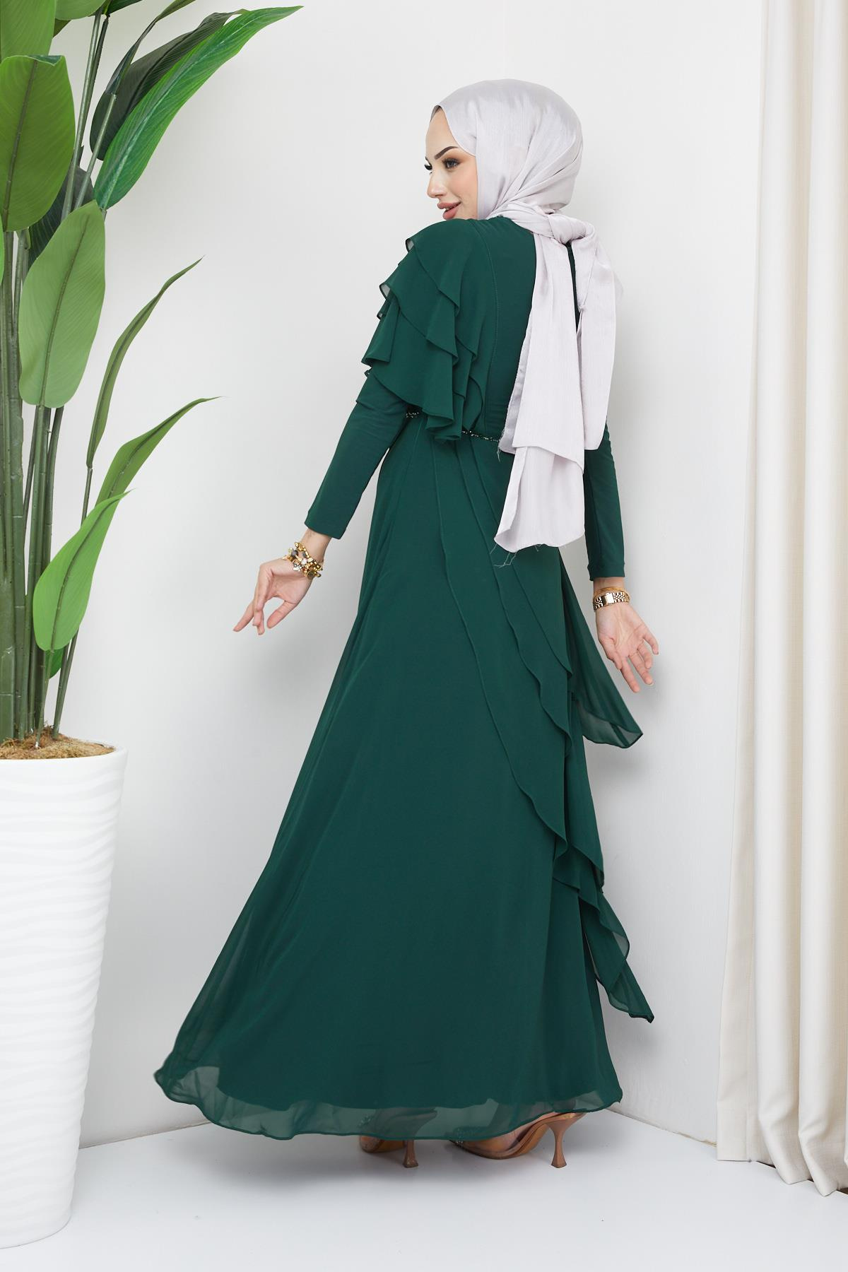 Chiffon Modest Evening Dress with Beads and Flounce Details GREEN 1652