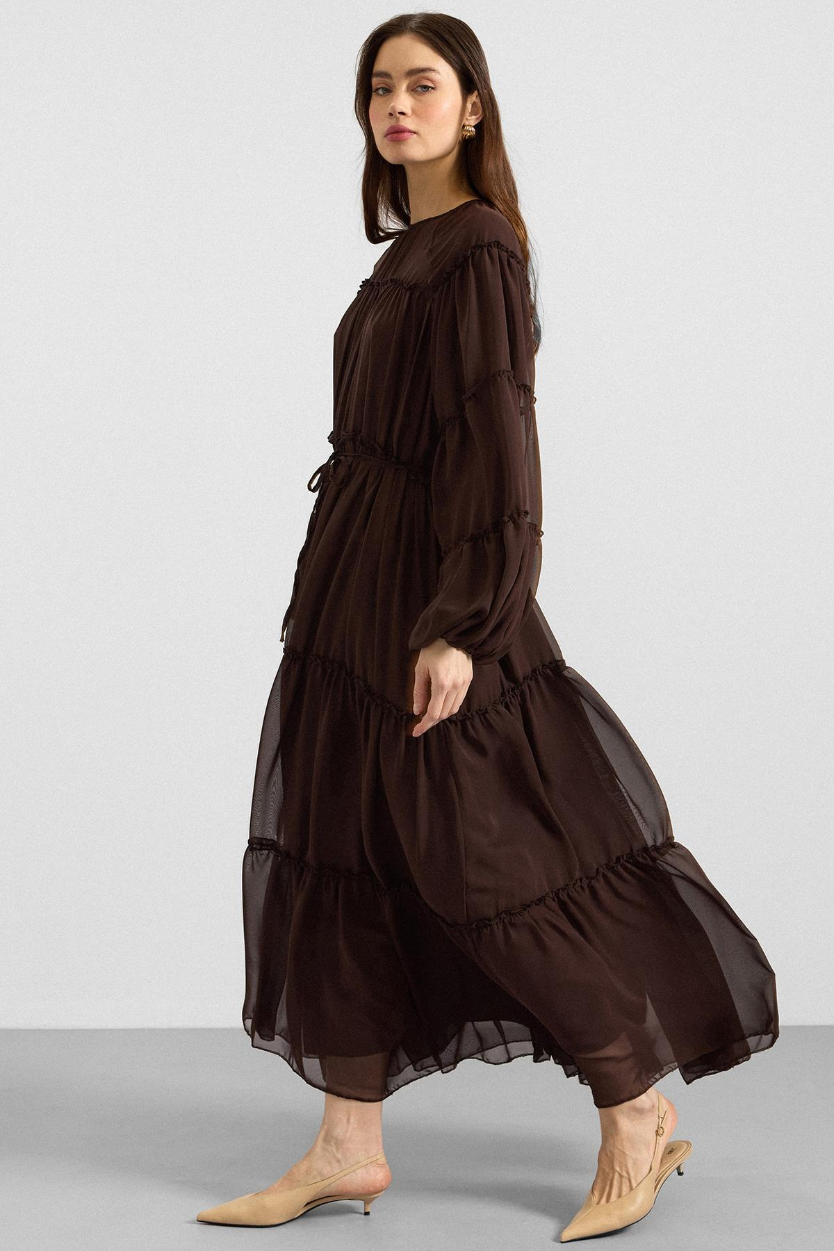 Büzgü Detaylı Şifon Elbise KAHVE 9416-E