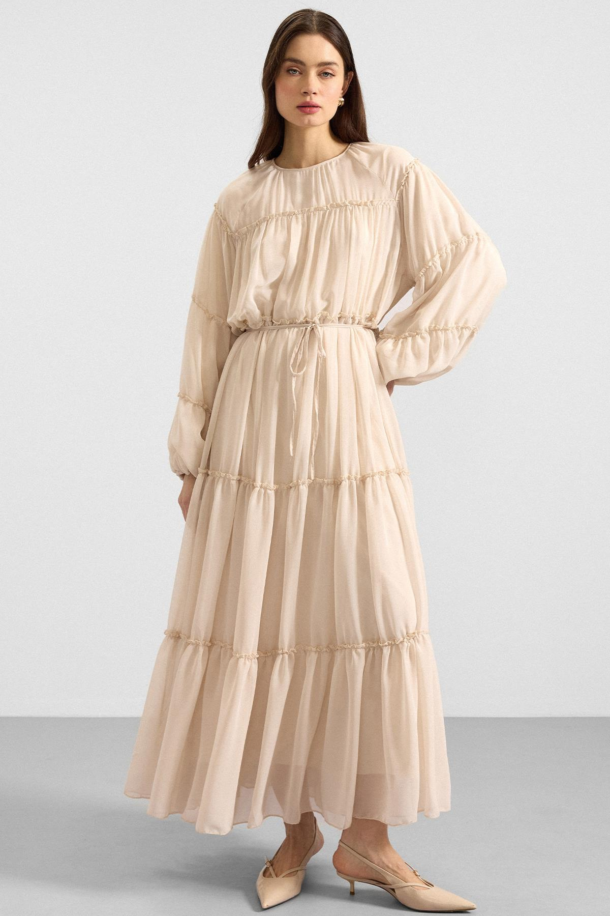 Büzgü Detaylı Şifon Elbise KREM 9416-E