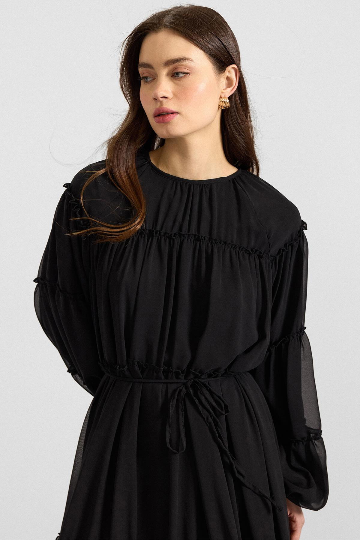 Büzgü Detaylı Şifon Elbise SİYAH 9416-E