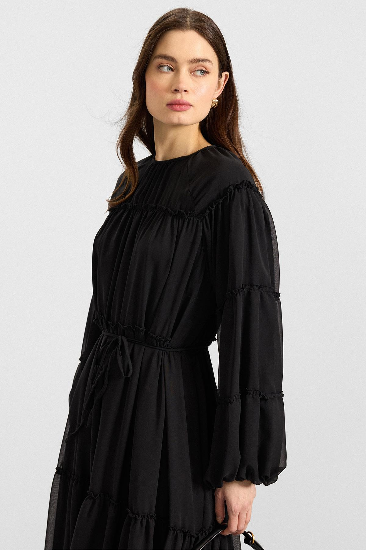 Büzgü Detaylı Şifon Elbise SİYAH 9416-E