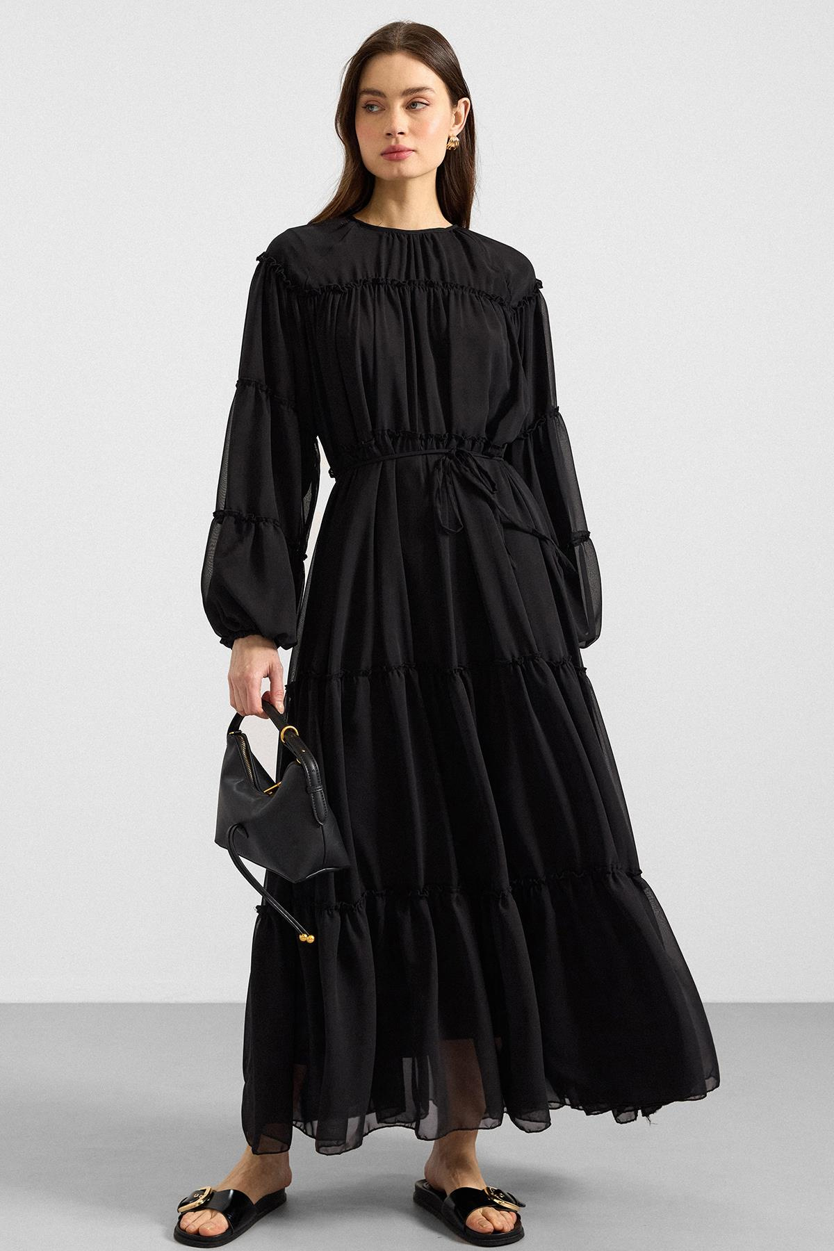 Büzgü Detaylı Şifon Elbise SİYAH 9416-E