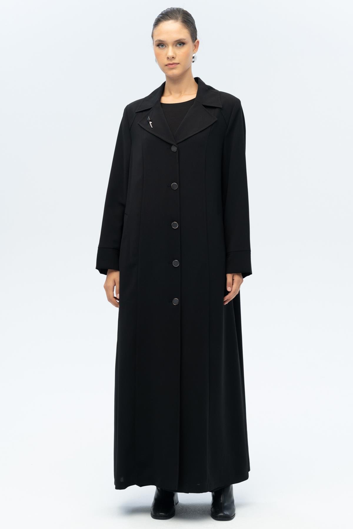 Ceket Yaka Broş Detaylı Astarlı Büyük Beden Pardesü SİYAH 6691-A