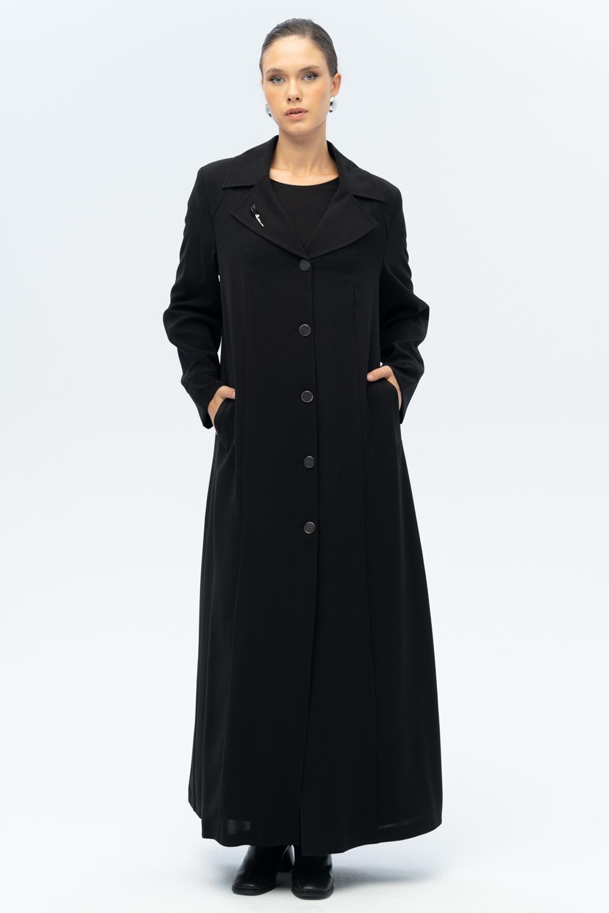 Ceket Yaka Broş Detaylı Astarlı Büyük Beden Pardesü SİYAH 6691-A