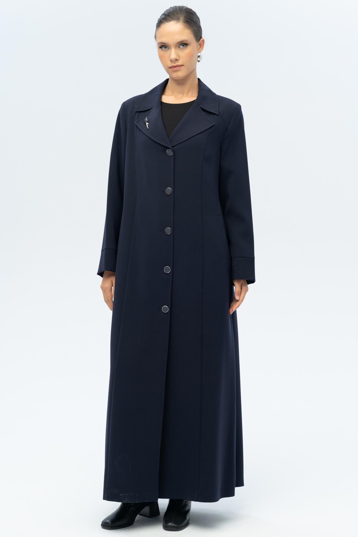 Ceket Yaka Broş Detaylı Astarlı Büyük Beden Pardesü LACİVERT 6691-A