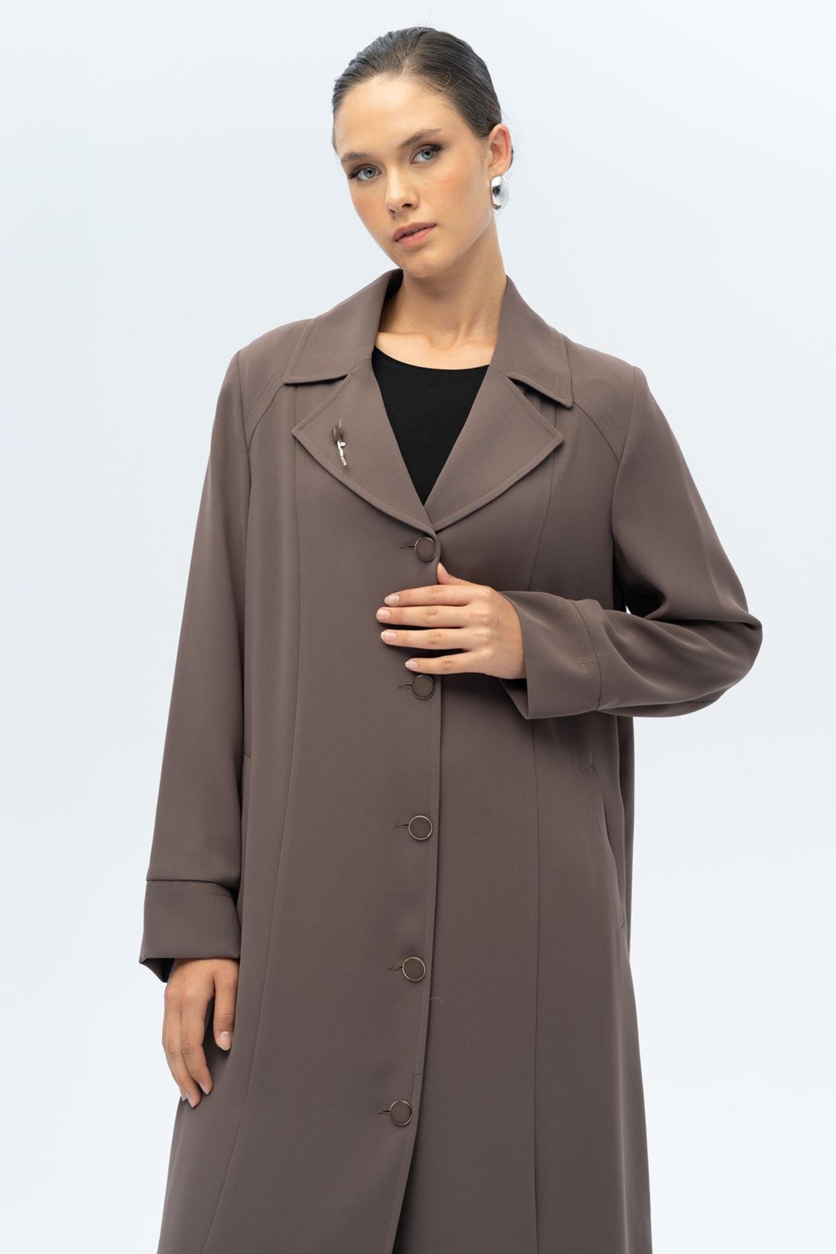 Ceket Yaka Broş Detaylı Astarlı Büyük Beden Pardesü VİZON 6691-A