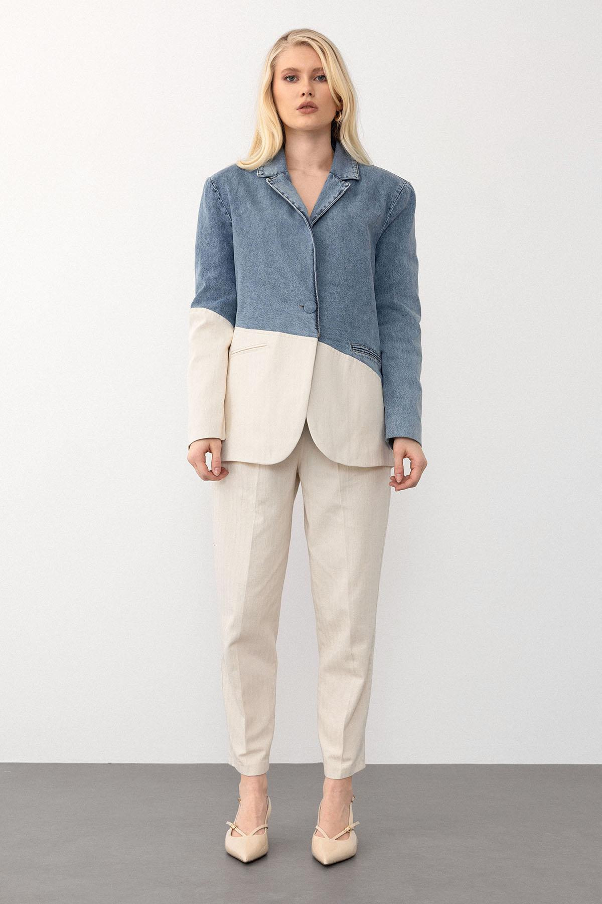 سترة جينز وبدلة بنطلون أزرق-بيج 9269-TK
