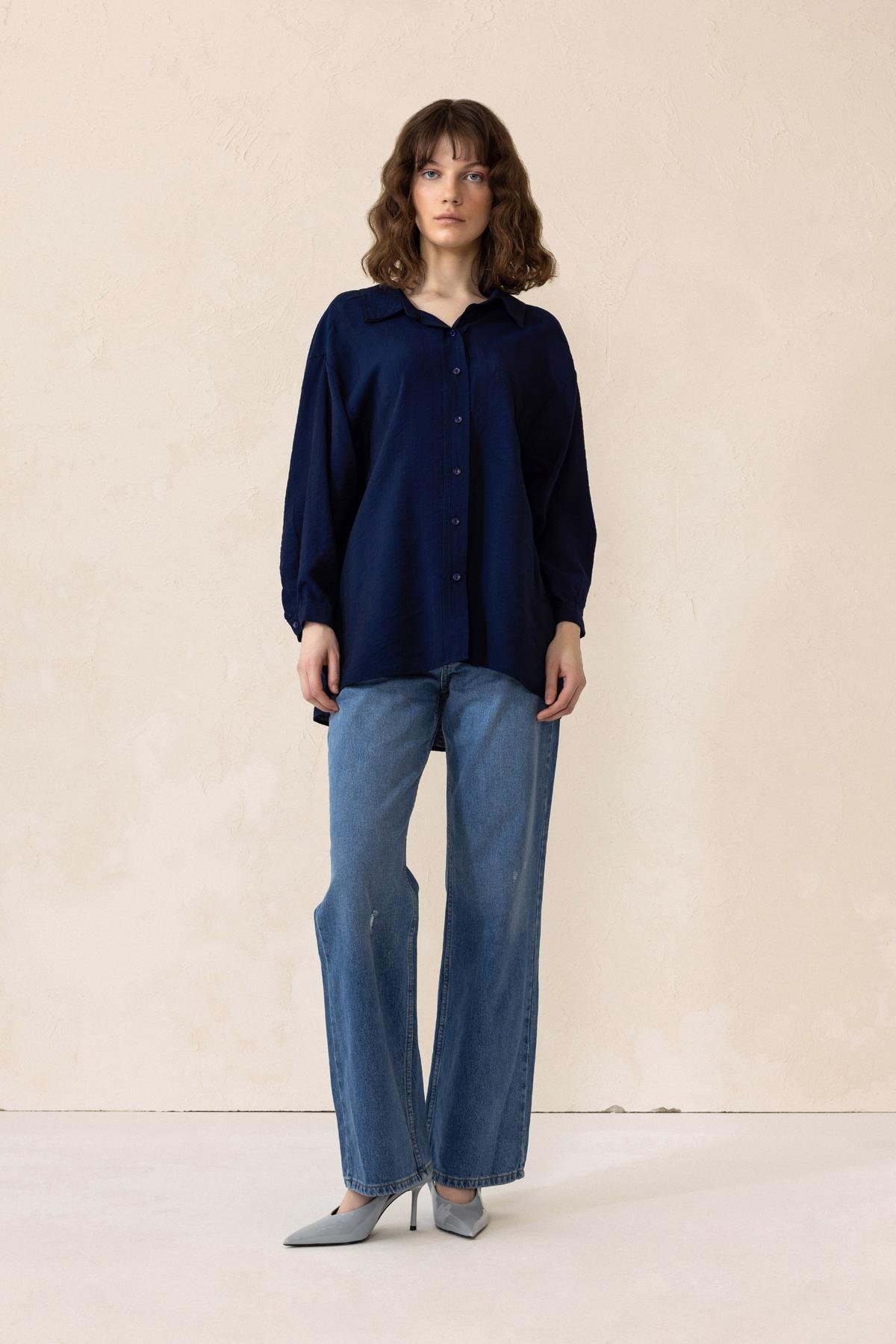 Oversized Shirt with Pocket Detail NAVY 9312