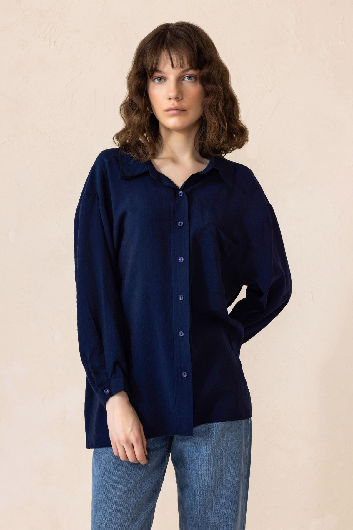 Oversized Shirt with Pocket Detail NAVY 9312