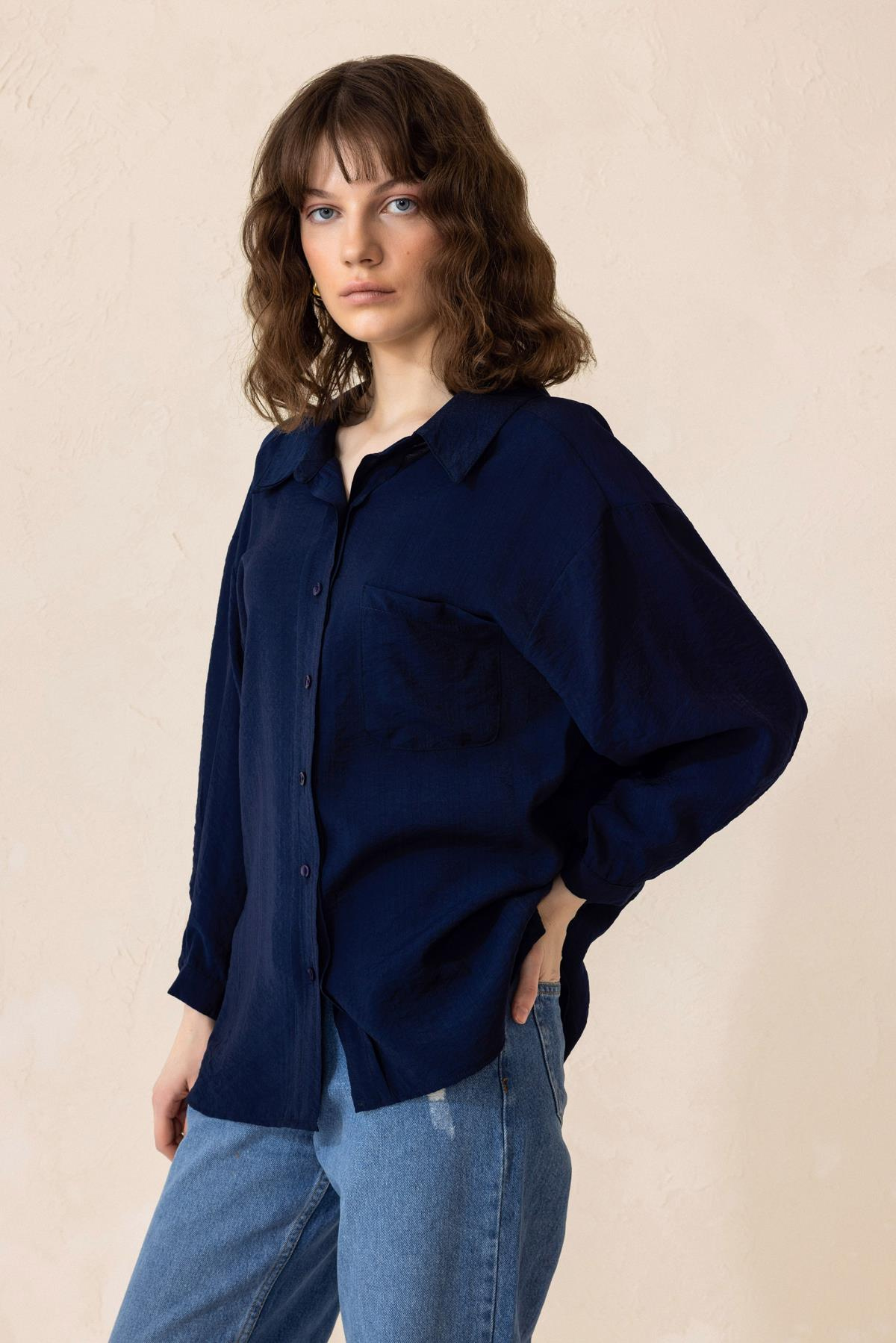 Oversized Shirt with Pocket Detail NAVY 9312