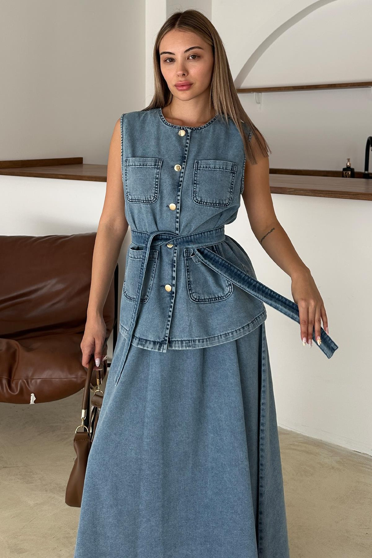 Pocket Detailed Vest Skirt Denim Set BLUE 9377-TK