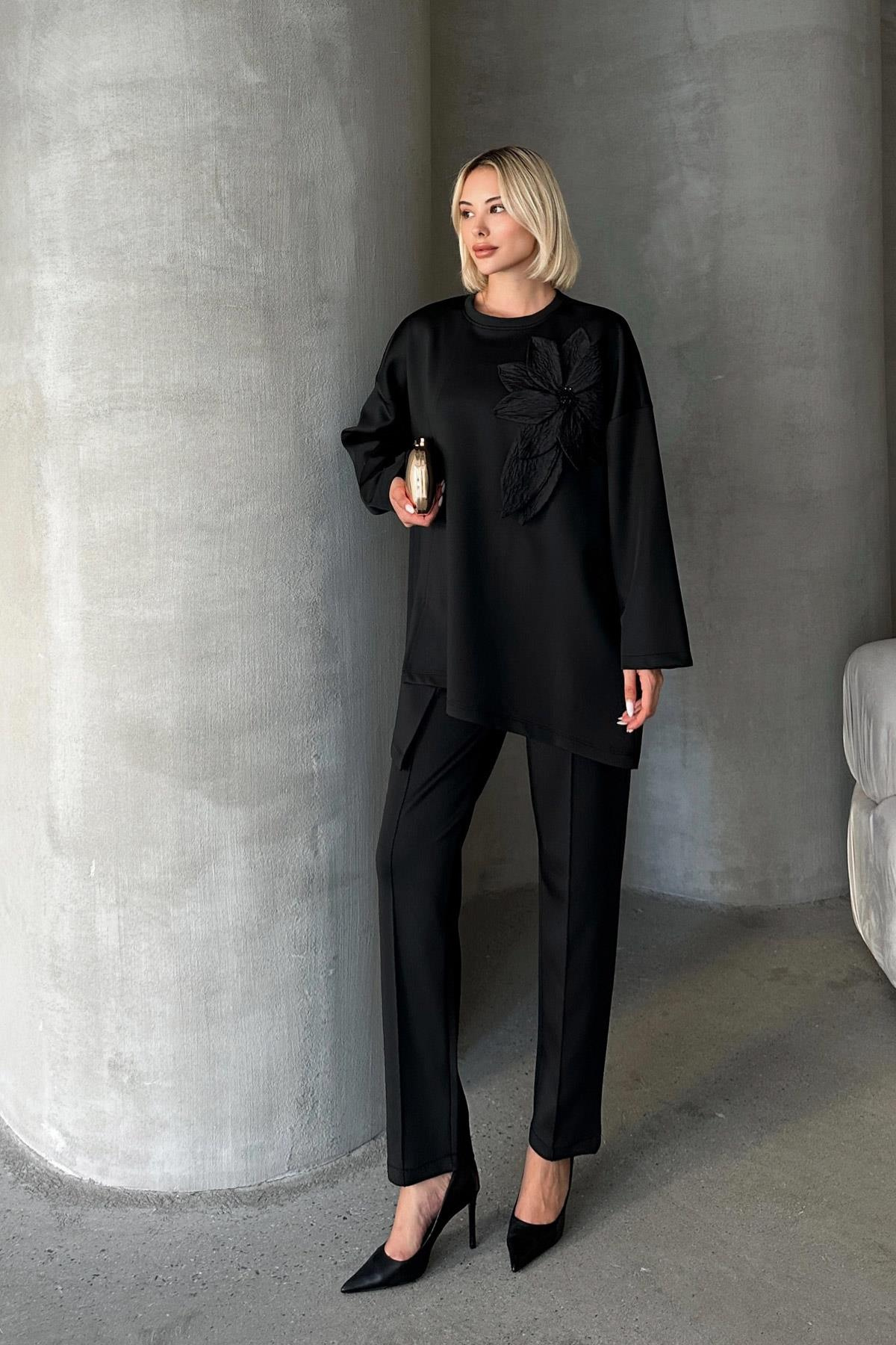 بدلة غوص مع بنطال وقميص مزين بالزهور أسود 7945-TK
