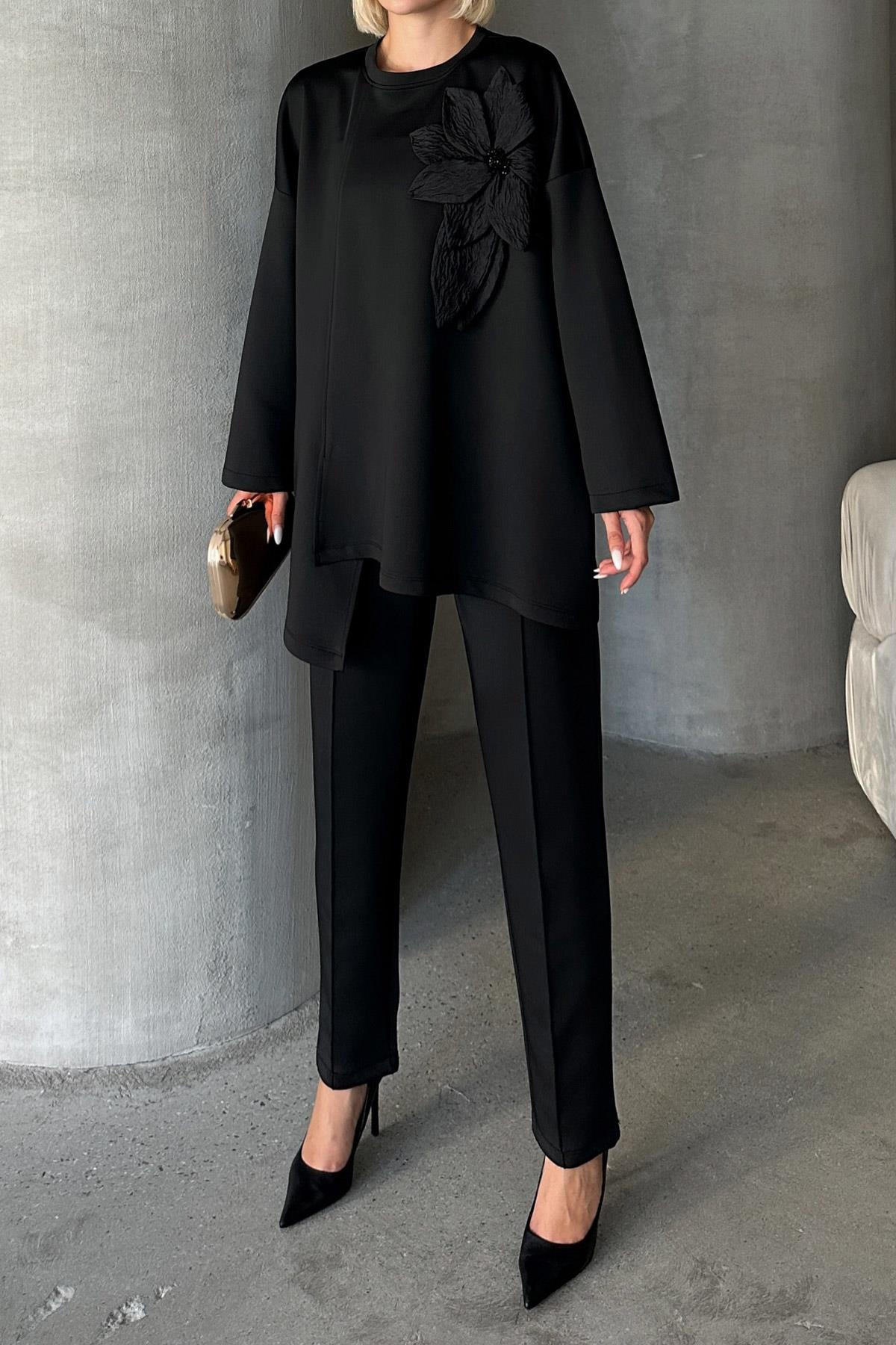 بدلة غوص مع بنطال وقميص مزين بالزهور أسود 7945-TK