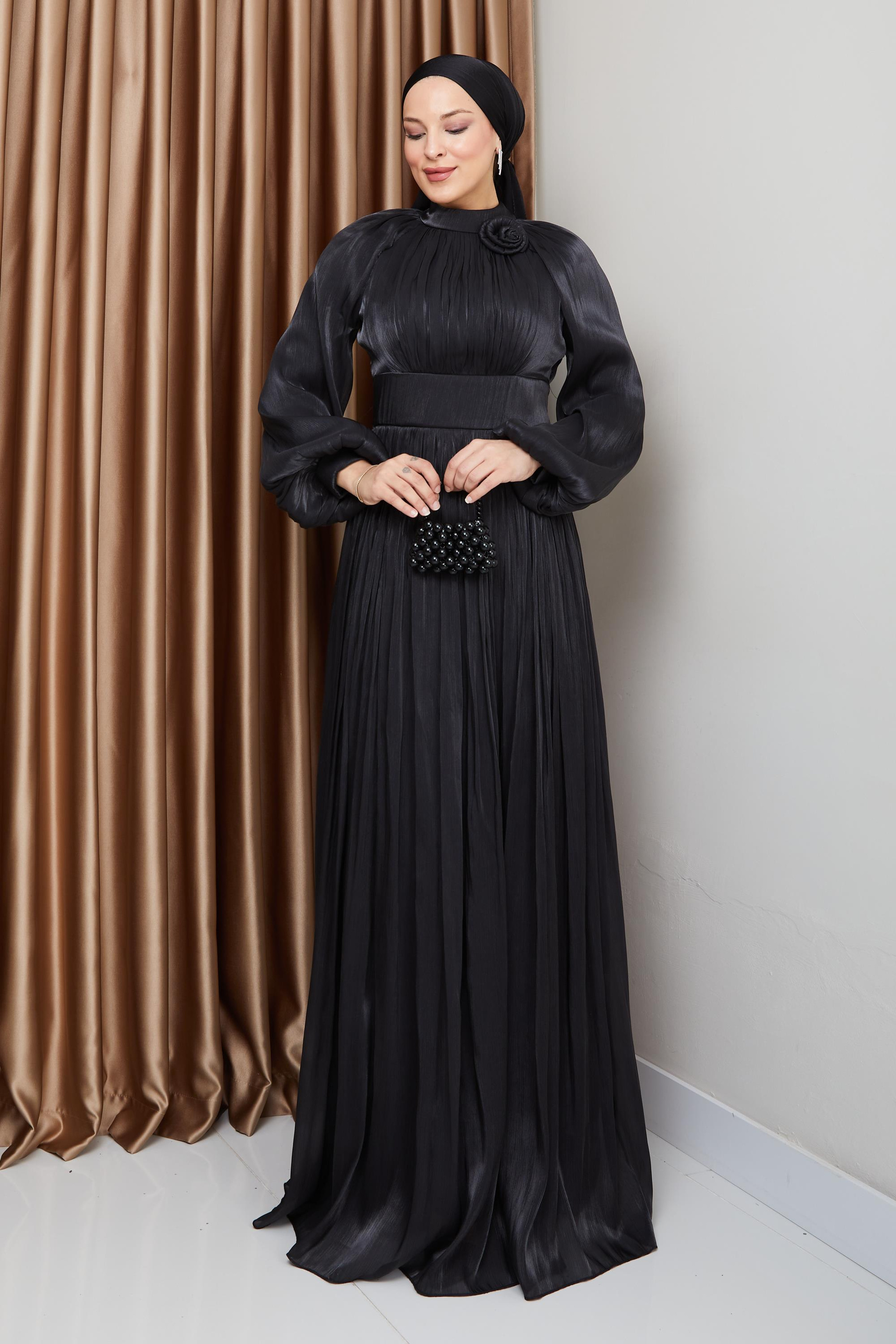 Pleated Yoryo Silk Hijab Evening Dress with Flower Details BLACK 1240