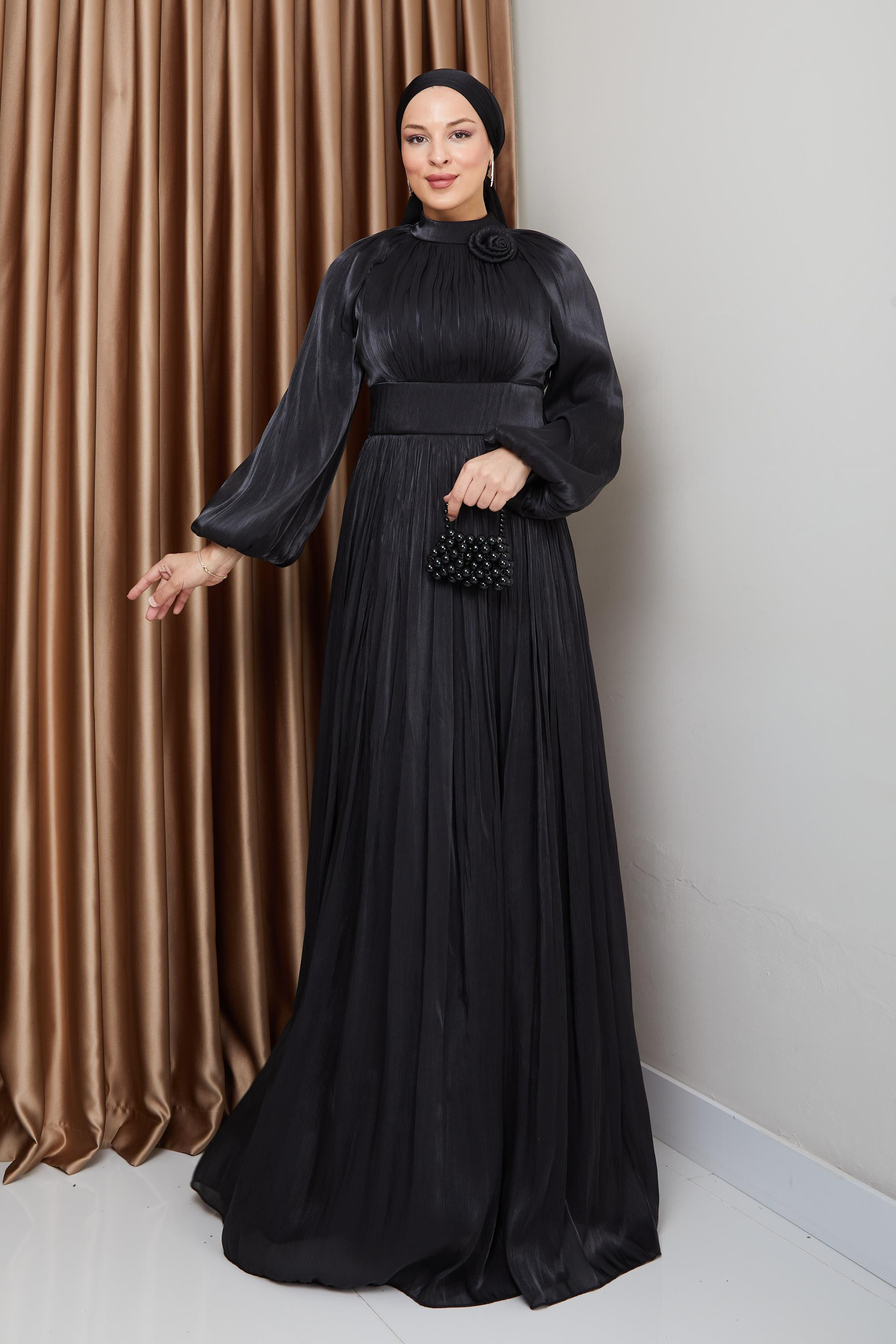 Pleated Yoryo Silk Hijab Evening Dress with Flower Details BLACK 1240