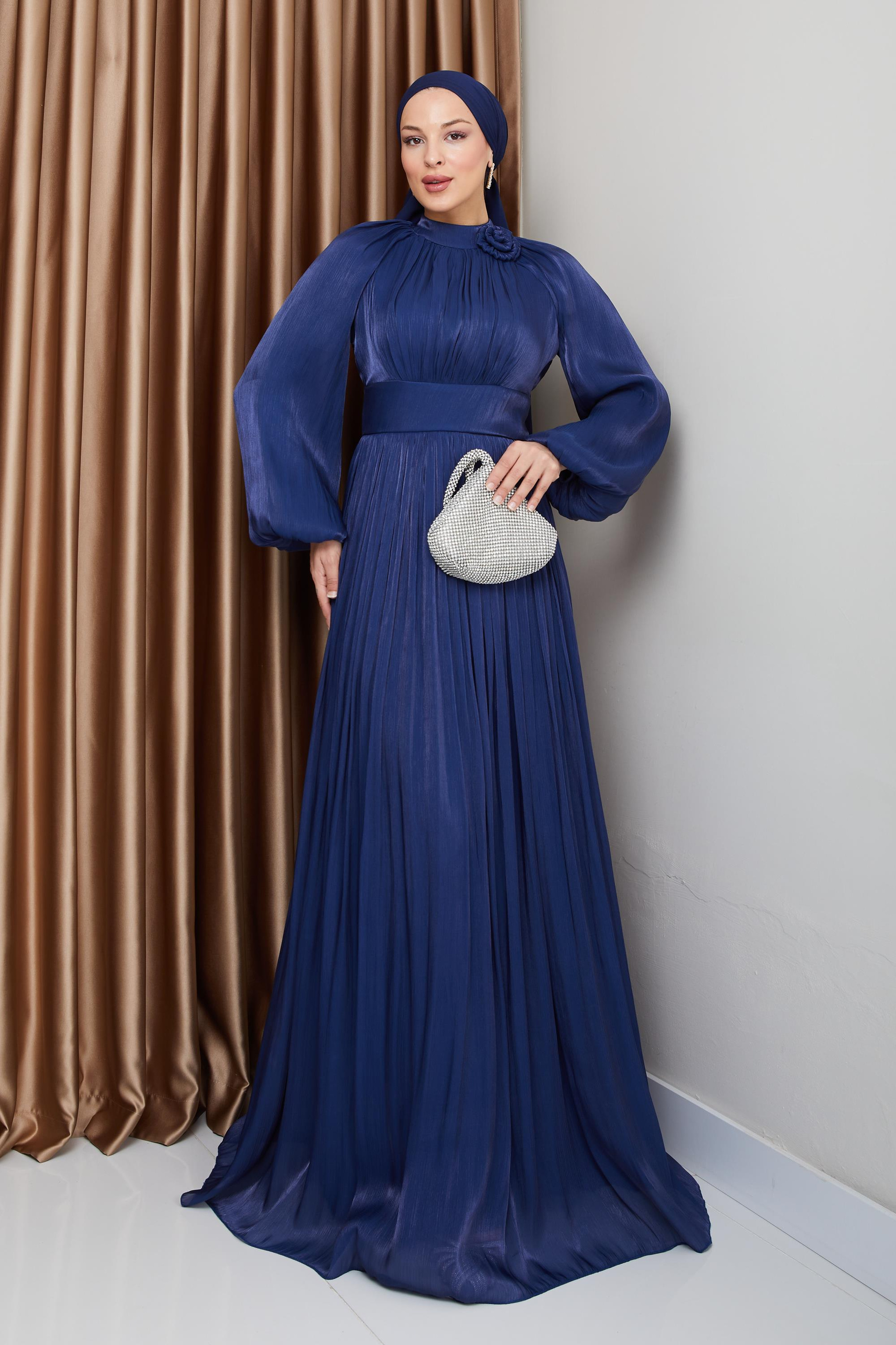 Pleated Yoryo Silk Hijab Evening Dress with Flower Details K. INDIGO 1240