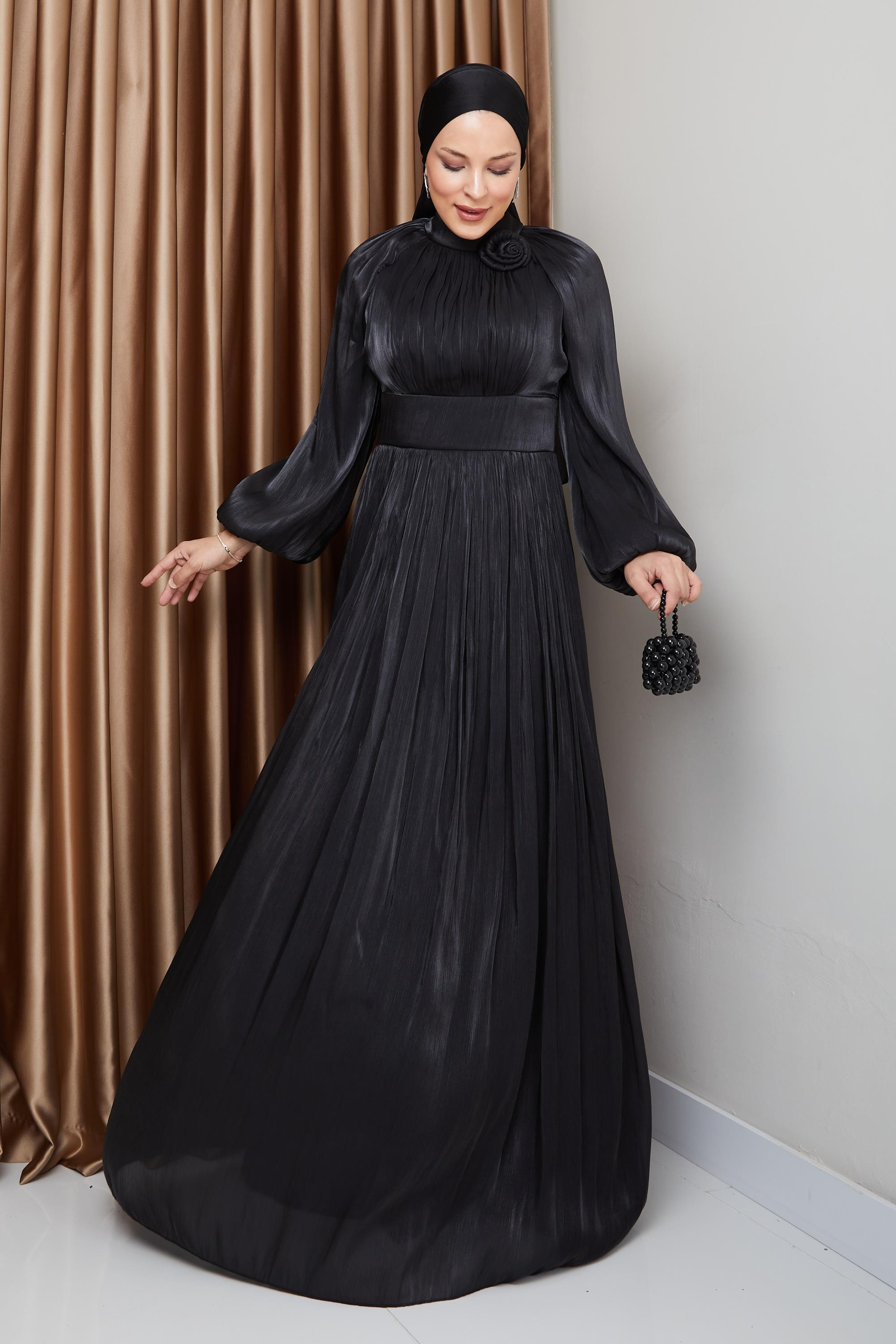Pleated Yoryo Silk Hijab Evening Dress with Flower Details BLACK 1240