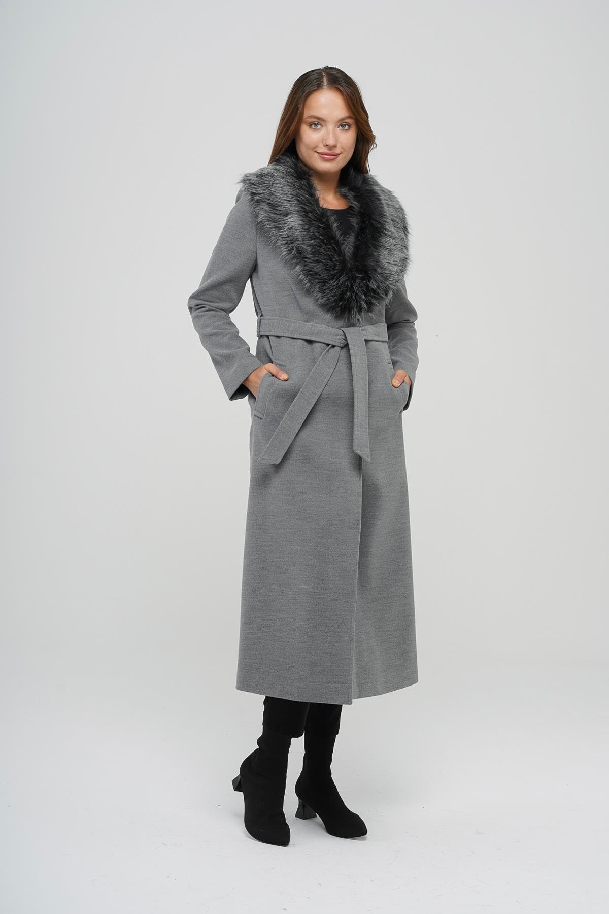 Detachable Fur-Lined Long Coat with Waist Tie GREY 3804