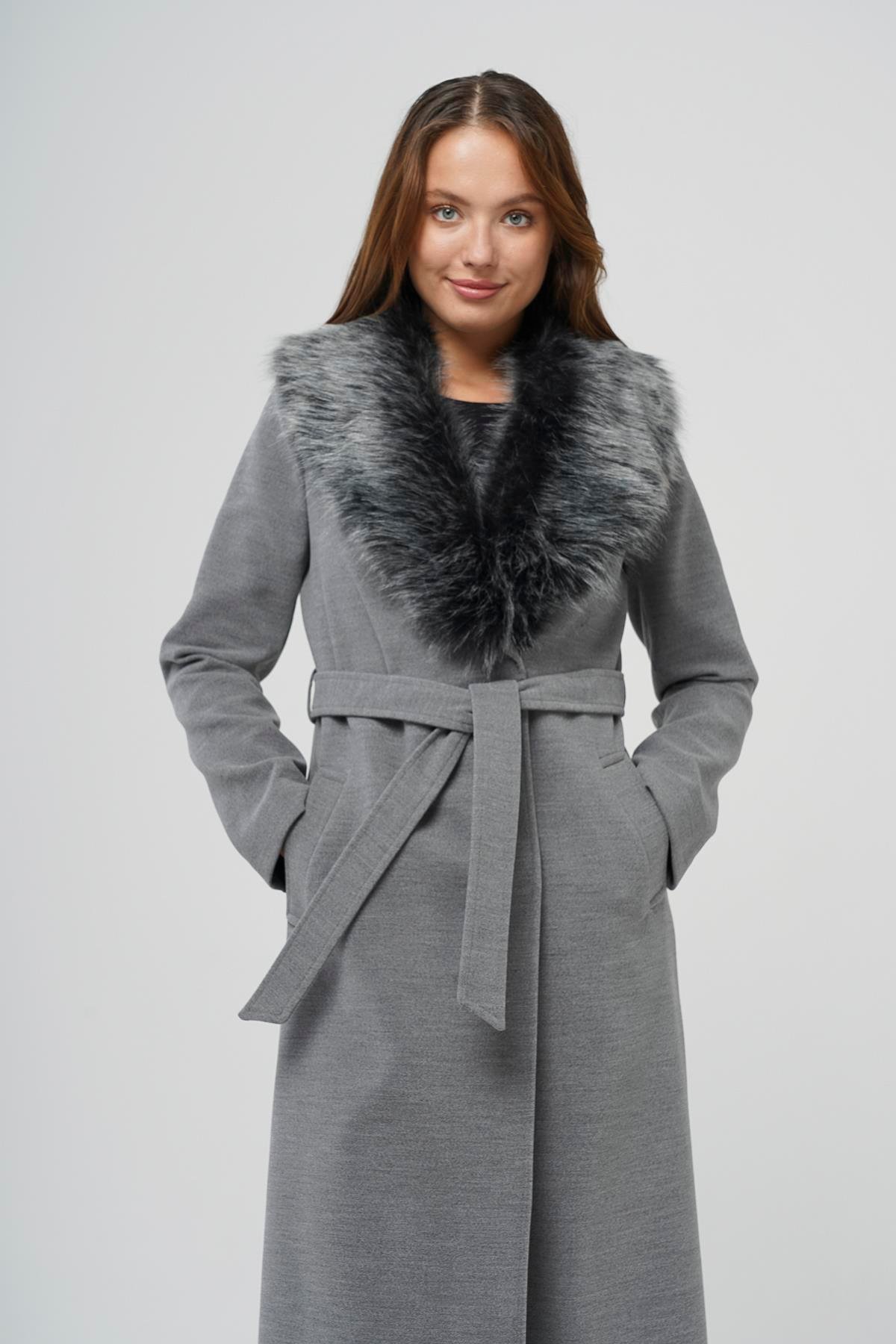 Detachable Fur-Lined Long Coat with Waist Tie GREY 3804