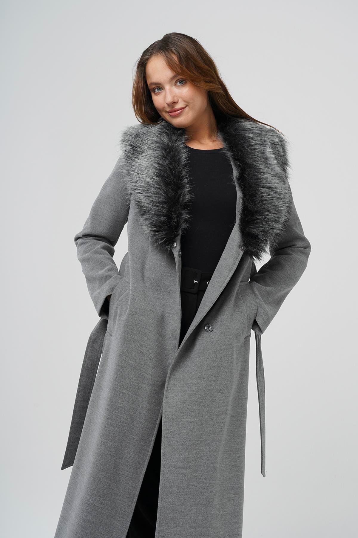 Detachable Fur-Lined Long Coat with Waist Tie GREY 3804