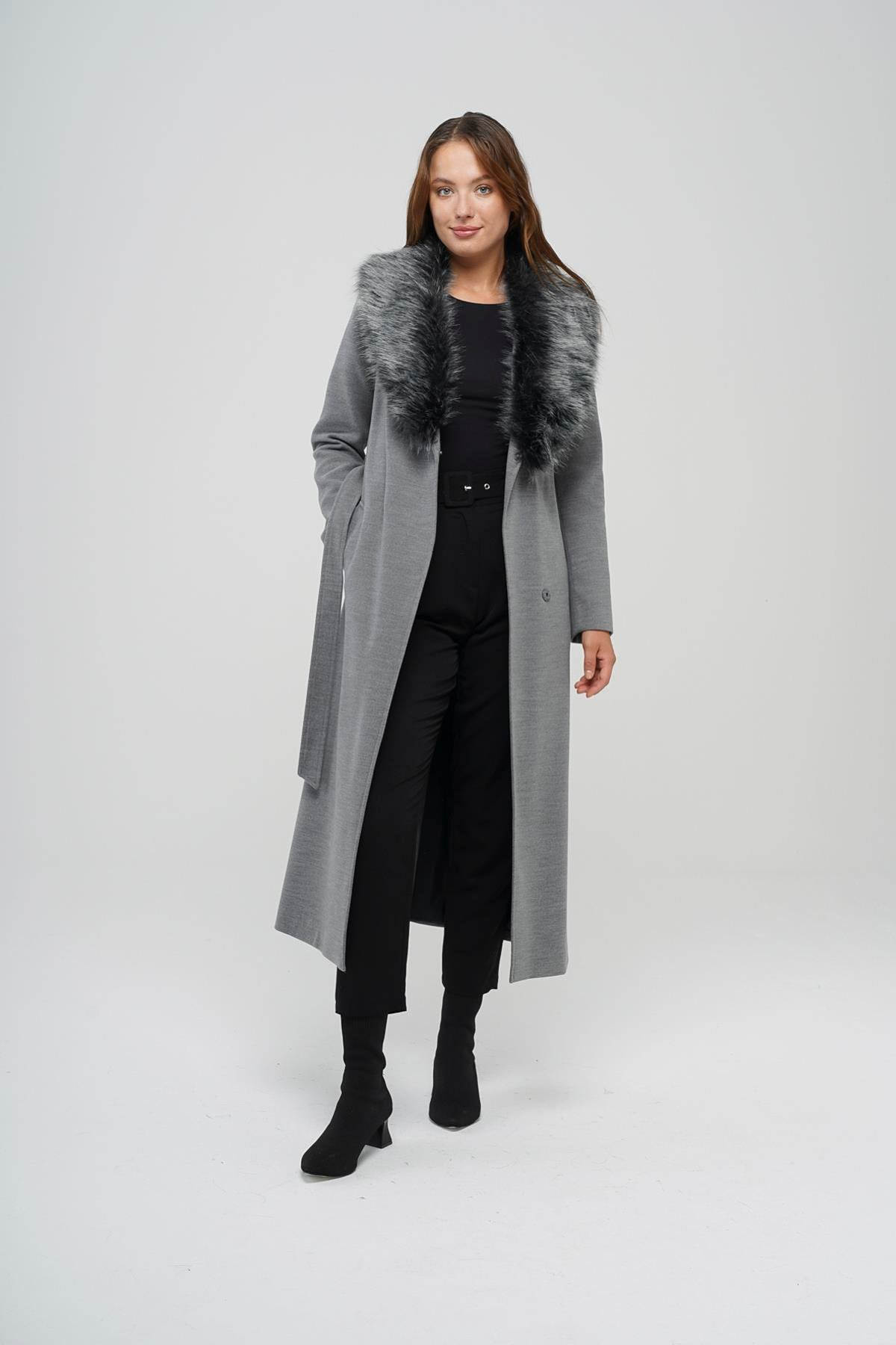 Detachable Fur-Lined Long Coat with Waist Tie GREY 3804