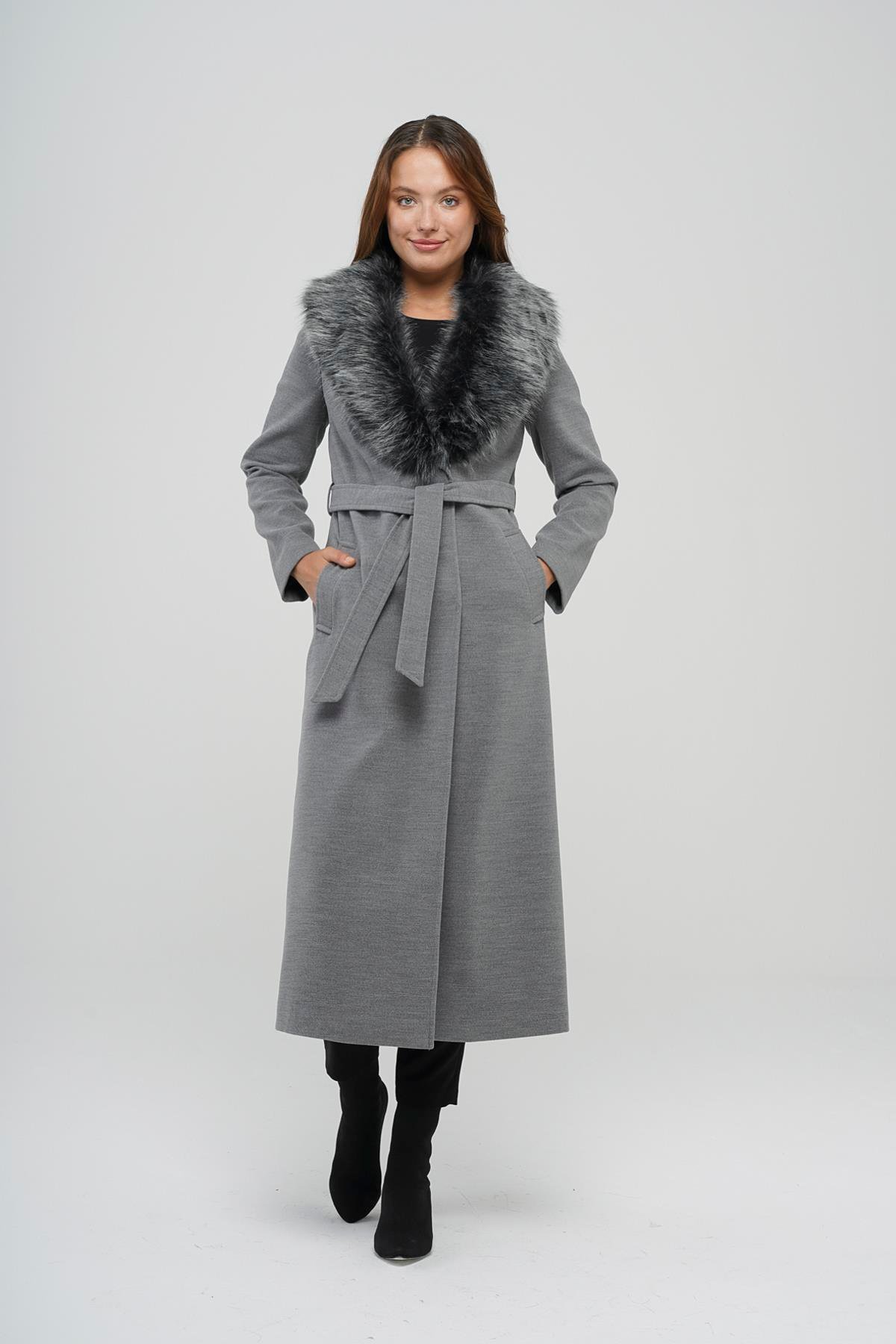 Detachable Fur-Lined Long Coat with Waist Tie GREY 3804
