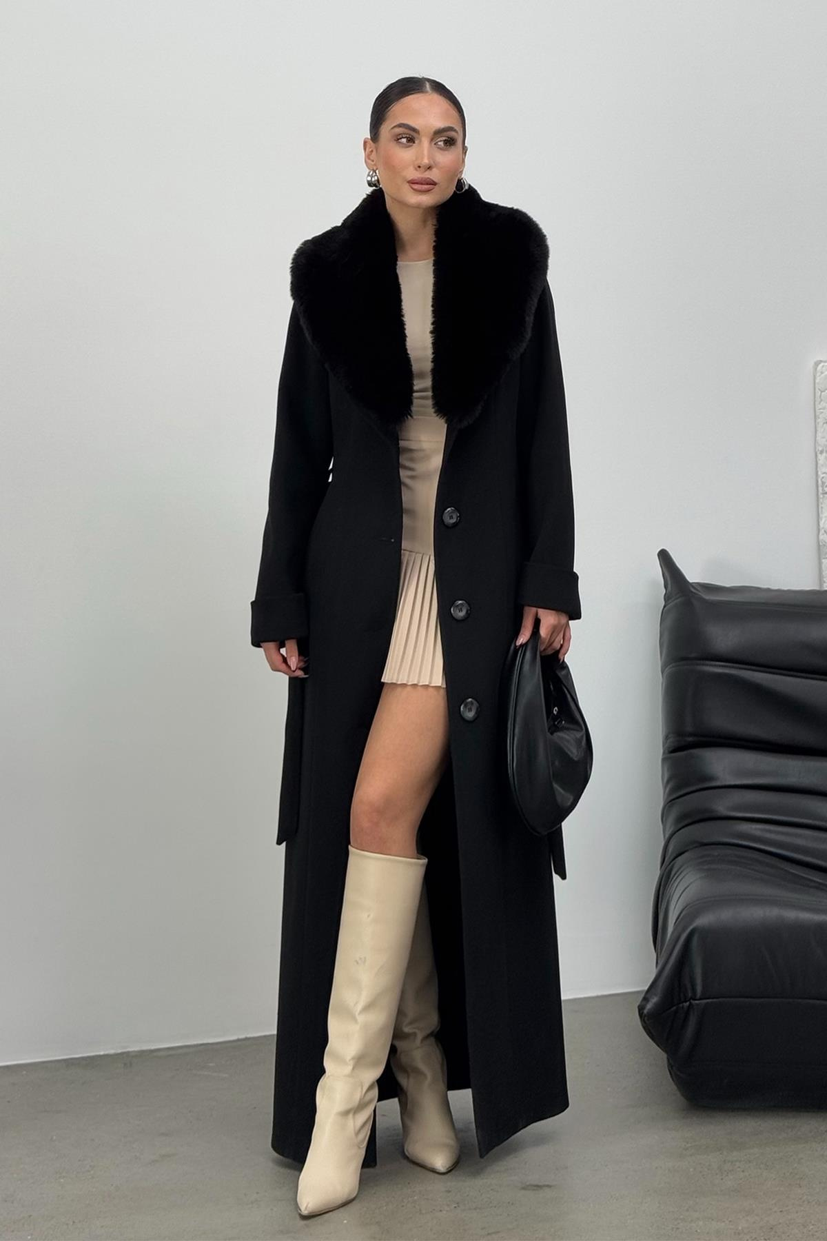 Çıkabilen Kürklü Erkek Yaka Belden Kuşaklı Manto SİYAH 3015-Y