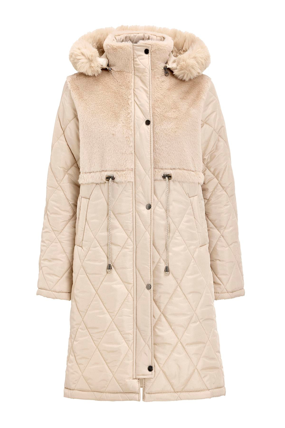 Çıkabilen Kürklü Kapüşonlu Pelüş Garnili Kapitone Mont TAŞ 6781