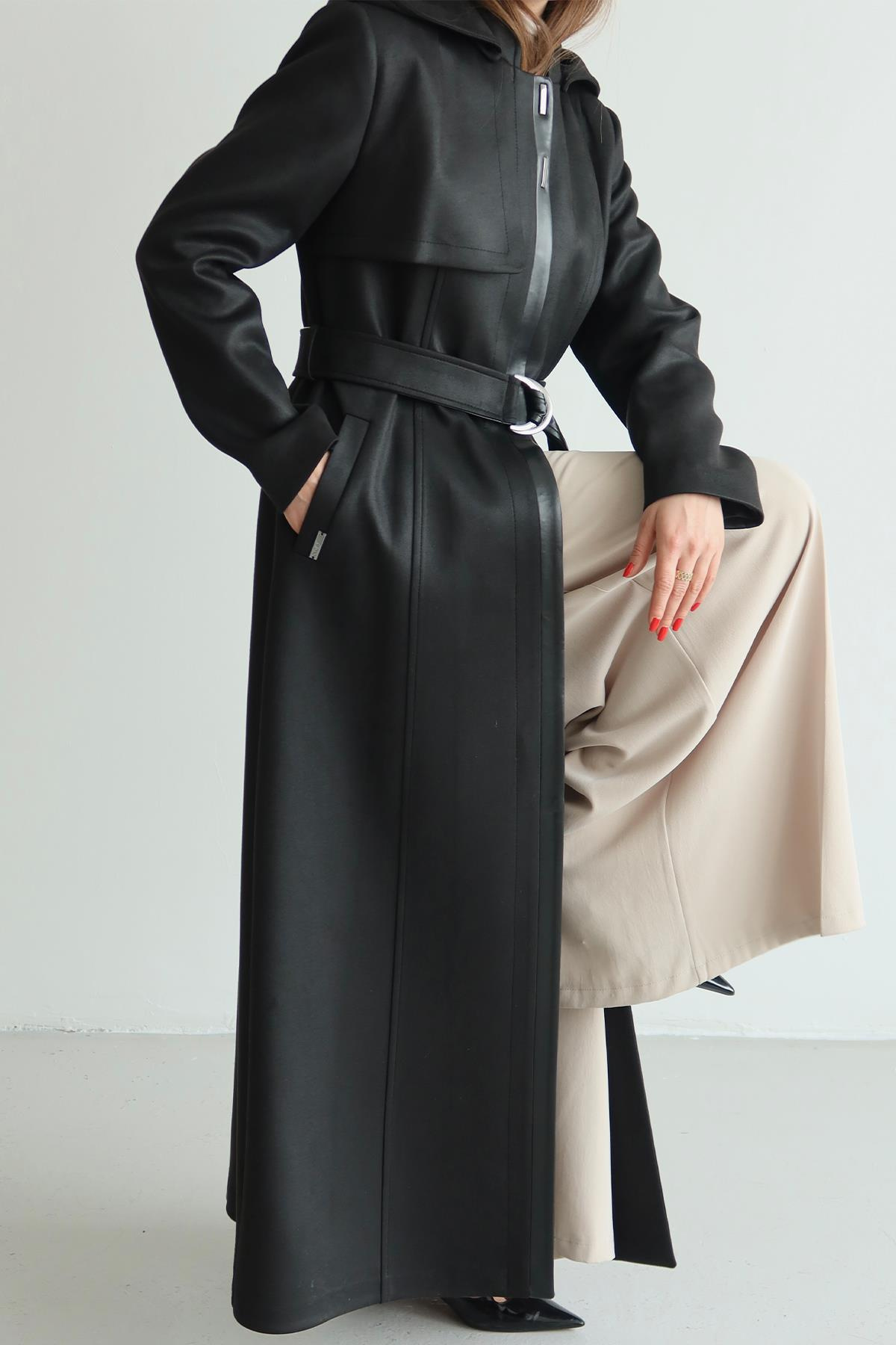 Çıkabilir Kapüşonlu Deri Garnili Gabardin Süet Görünümlü Pardesü SİYAH 6806