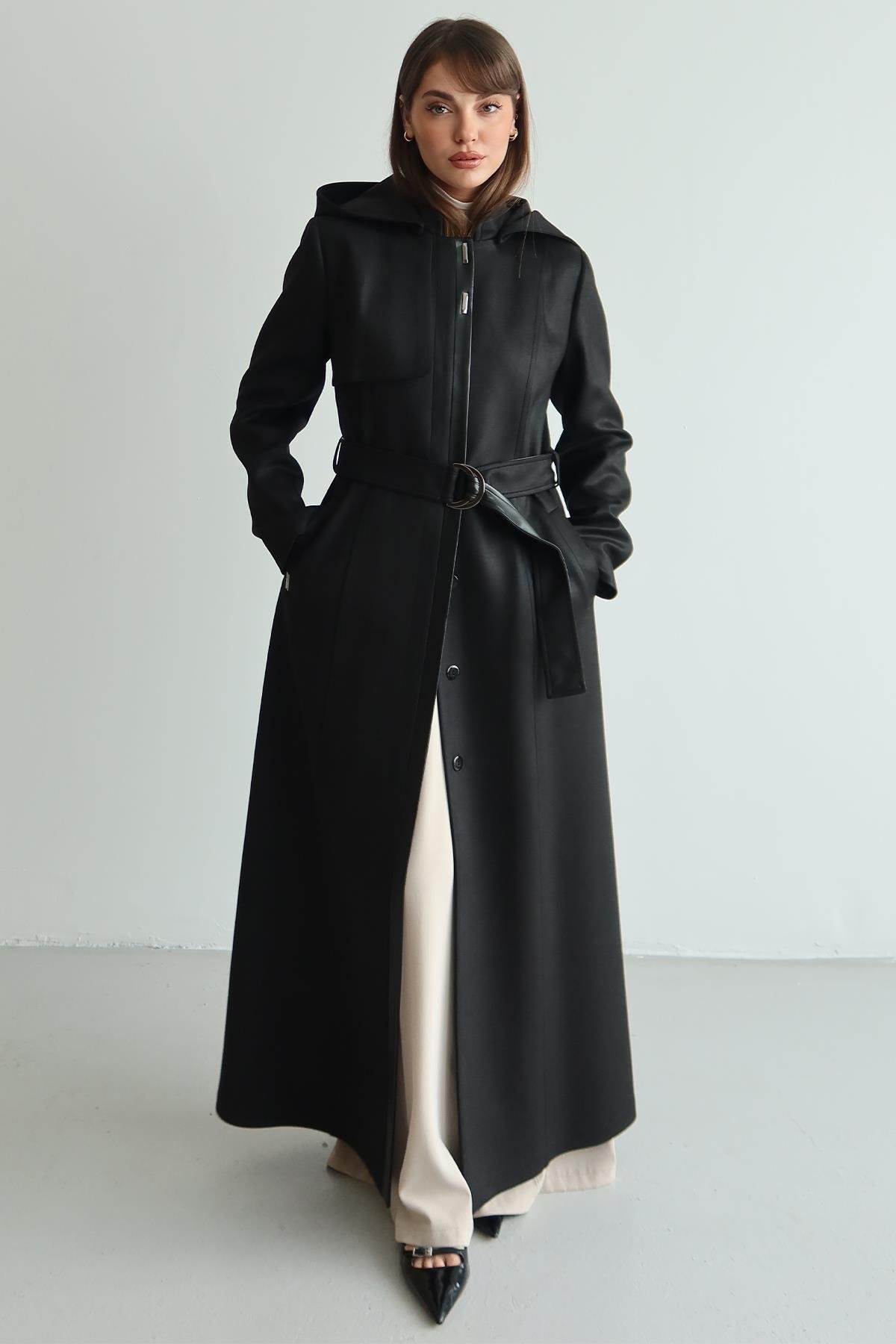 Çıkabilir Kapüşonlu Deri Garnili Gabardin Süet Görünümlü Pardesü SİYAH 6806