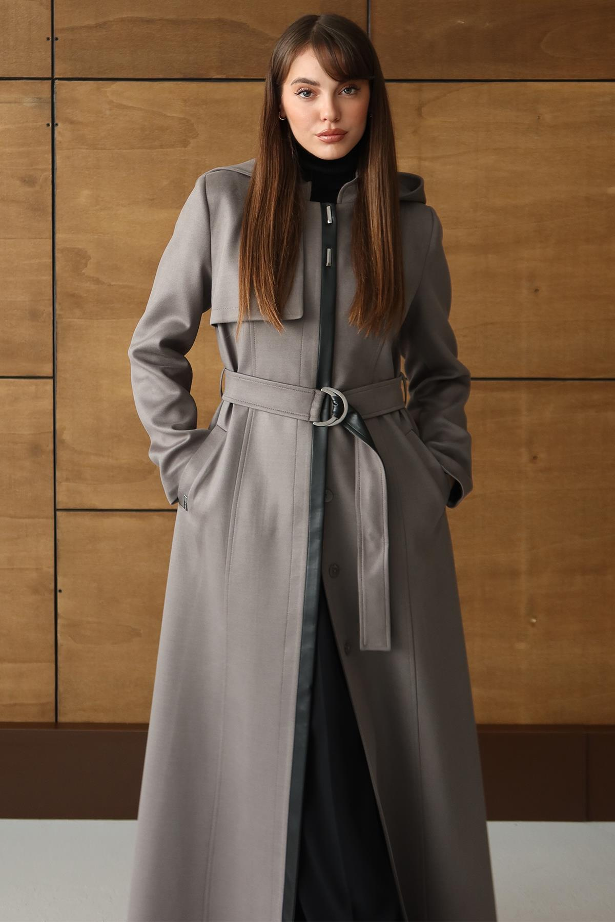 Çıkabilir Kapüşonlu Deri Garnili Gabardin Süet Görünümlü Pardesü GRİ 6806