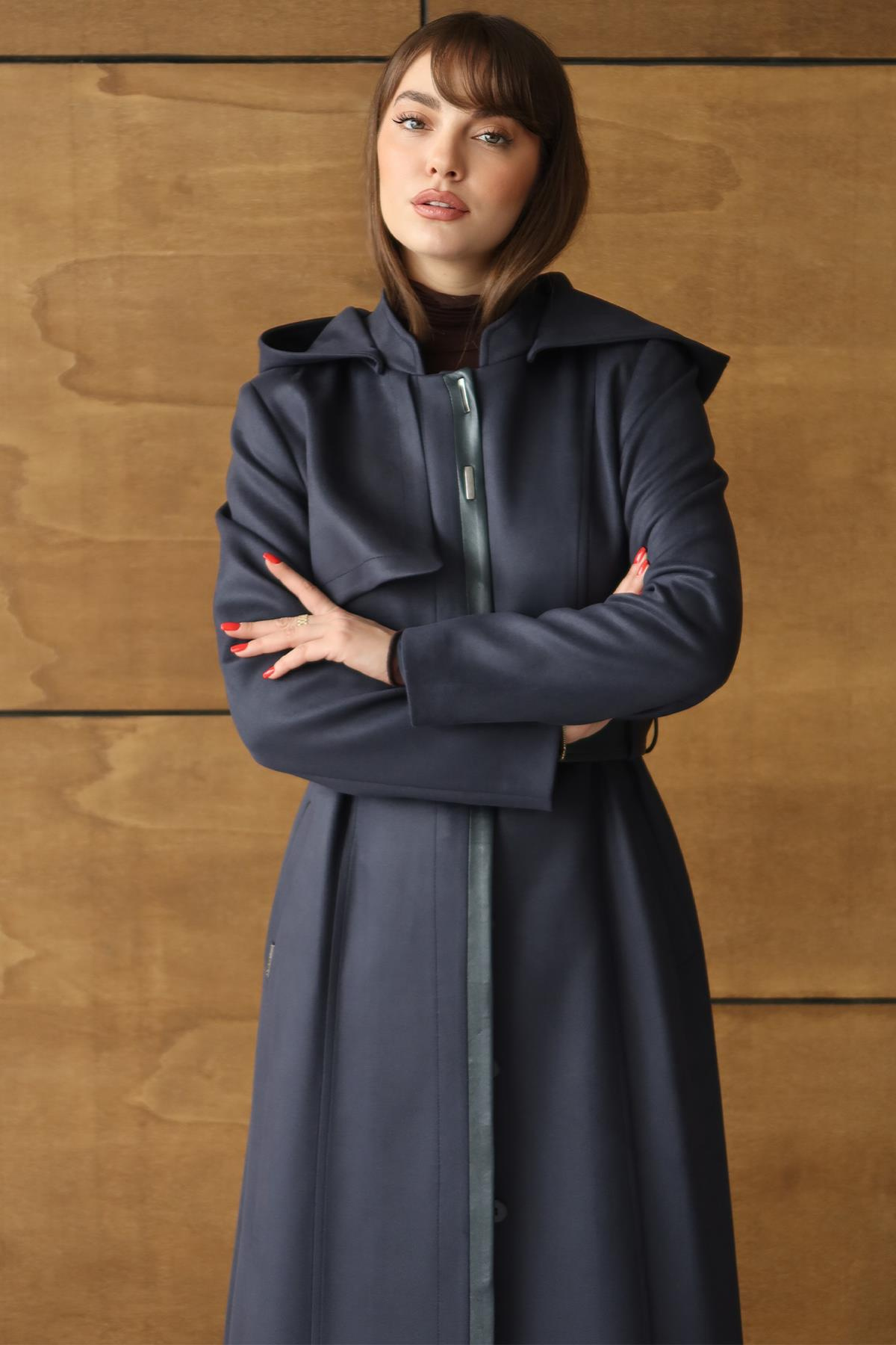 Çıkabilir Kapüşonlu Deri Garnili Gabardin Süet Görünümlü Pardesü LACİVERT 6806