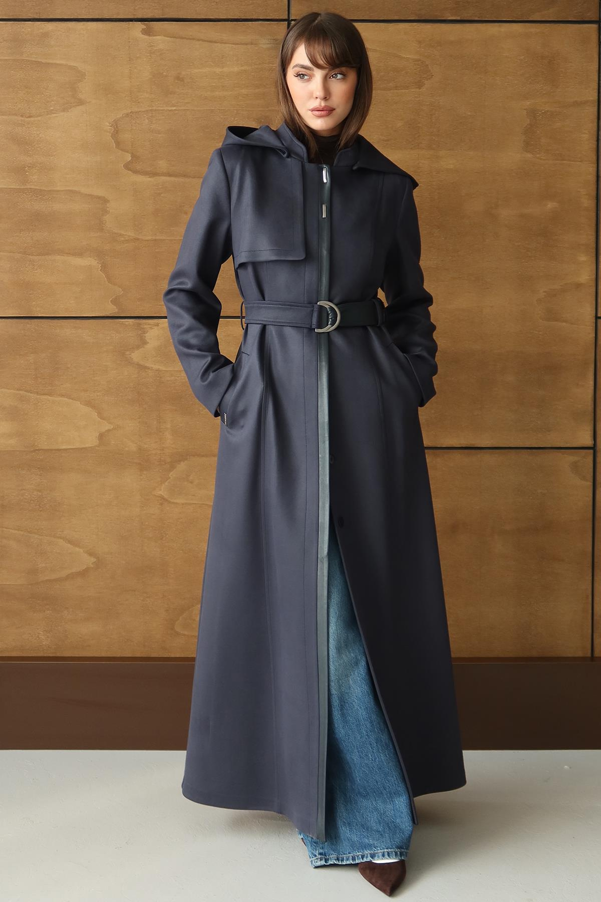 Çıkabilir Kapüşonlu Deri Garnili Gabardin Süet Görünümlü Pardesü LACİVERT 6806