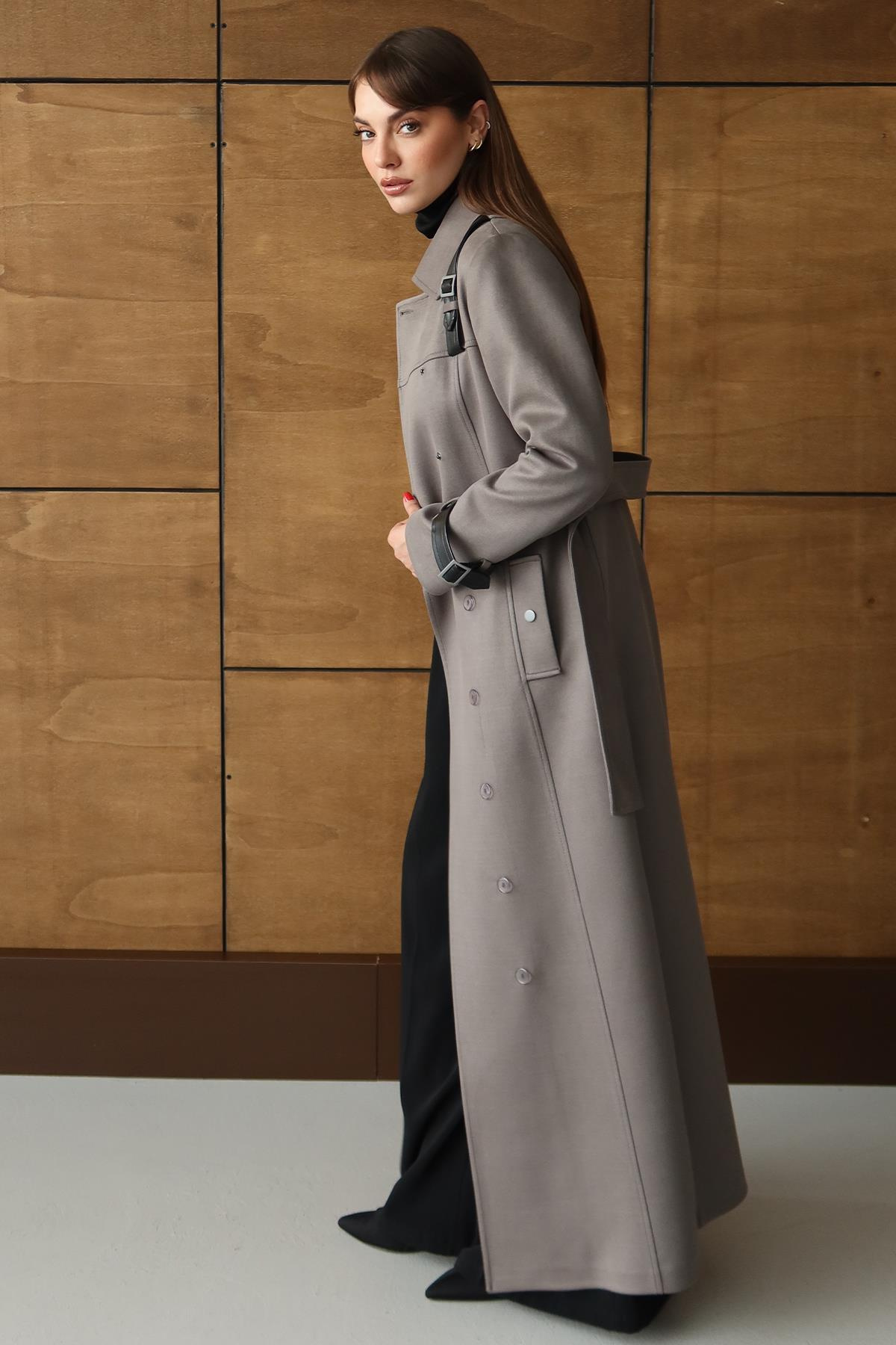 Çıkabilir Kapüşonlu Deri Garnili Gabardin Süet Görünümlü Pardesü GRİ 6806