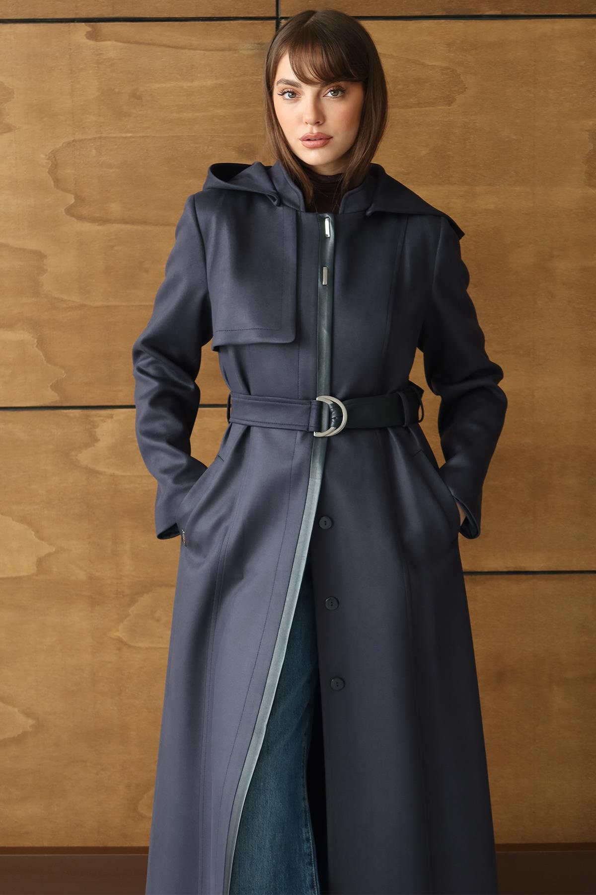 Çıkabilir Kapüşonlu Deri Garnili Gabardin Süet Görünümlü Pardesü LACİVERT 6806