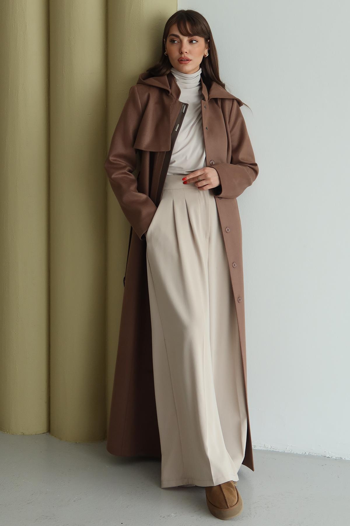 Çıkabilir Kapüşonlu Deri Garnili Gabardin Süet Görünümlü Pardesü A.KAHVE 6806