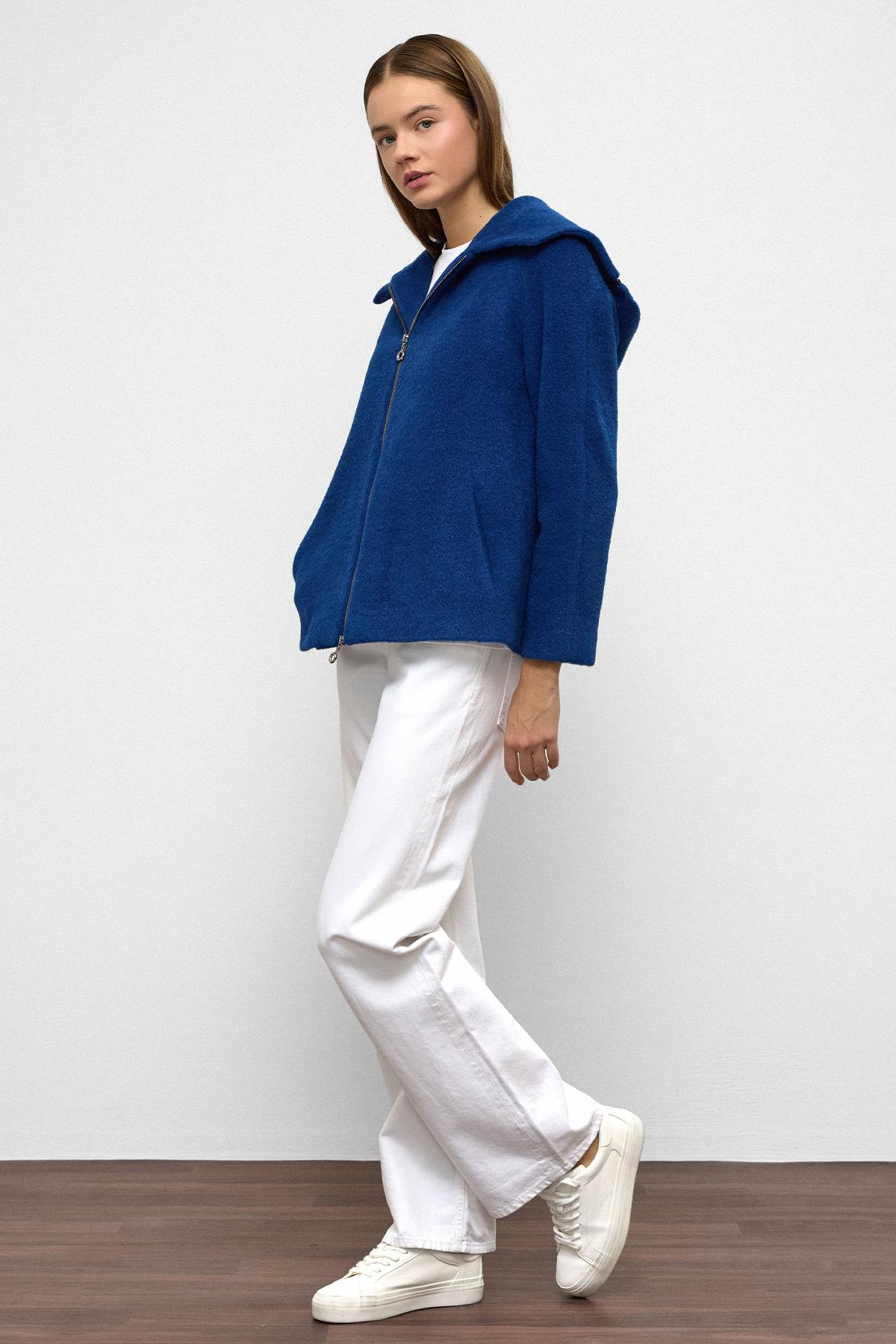 Çıkabilir Kapüşonlu Fermuar Detaylı Oversize Kaban SAKS 3128