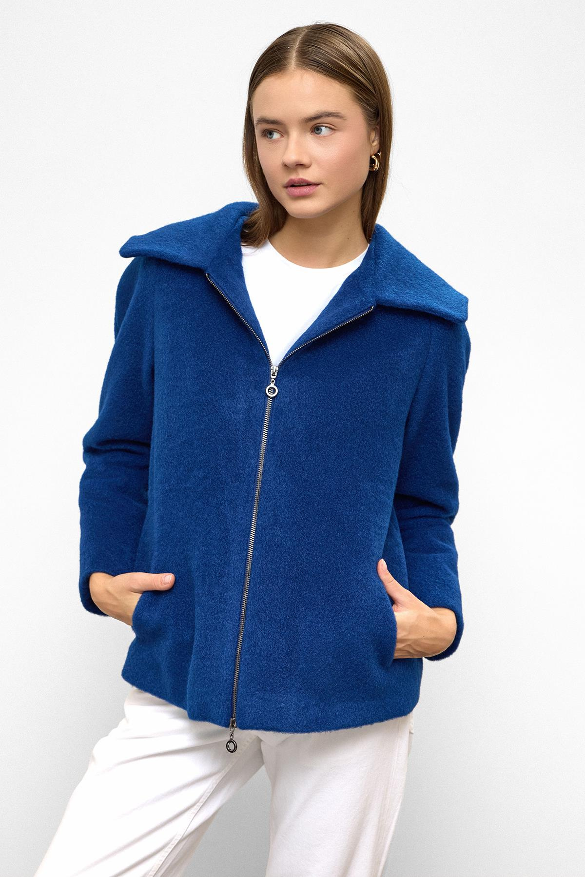 Çıkabilir Kapüşonlu Fermuar Detaylı Oversize Kaban SAKS 3128