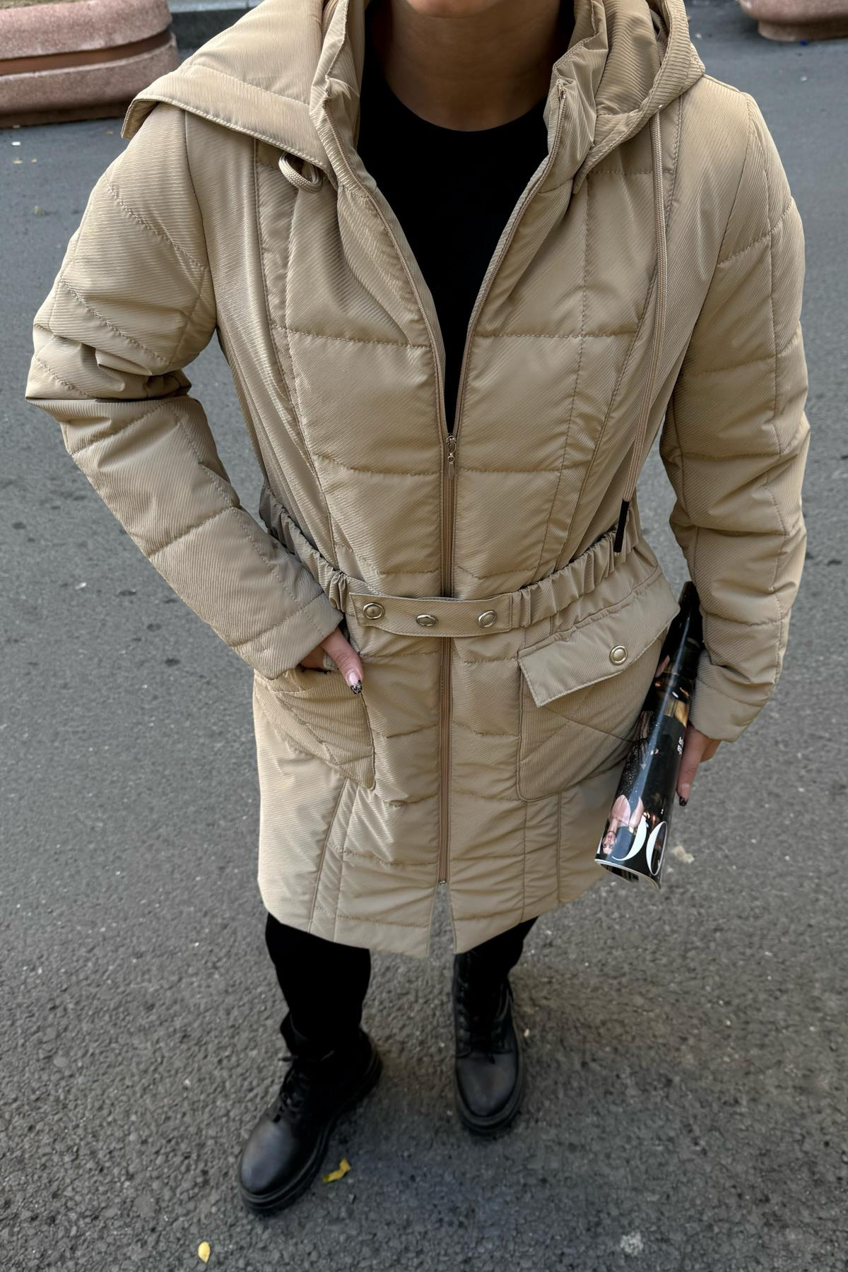 Removable Hooded Quilted Coat with Pocket IVORY 6659