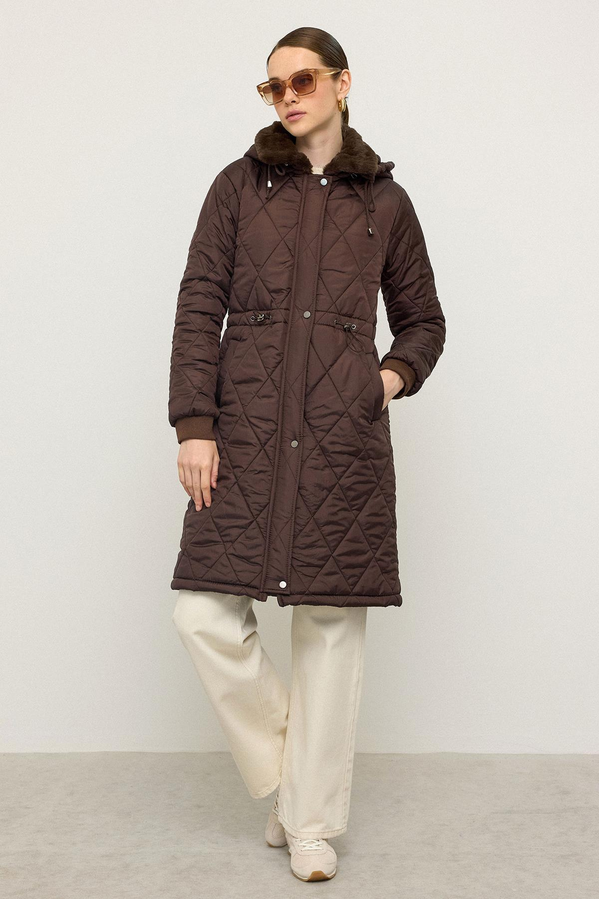 Removable Hooded Fur Collar Quilted Coat COFFEE 6624