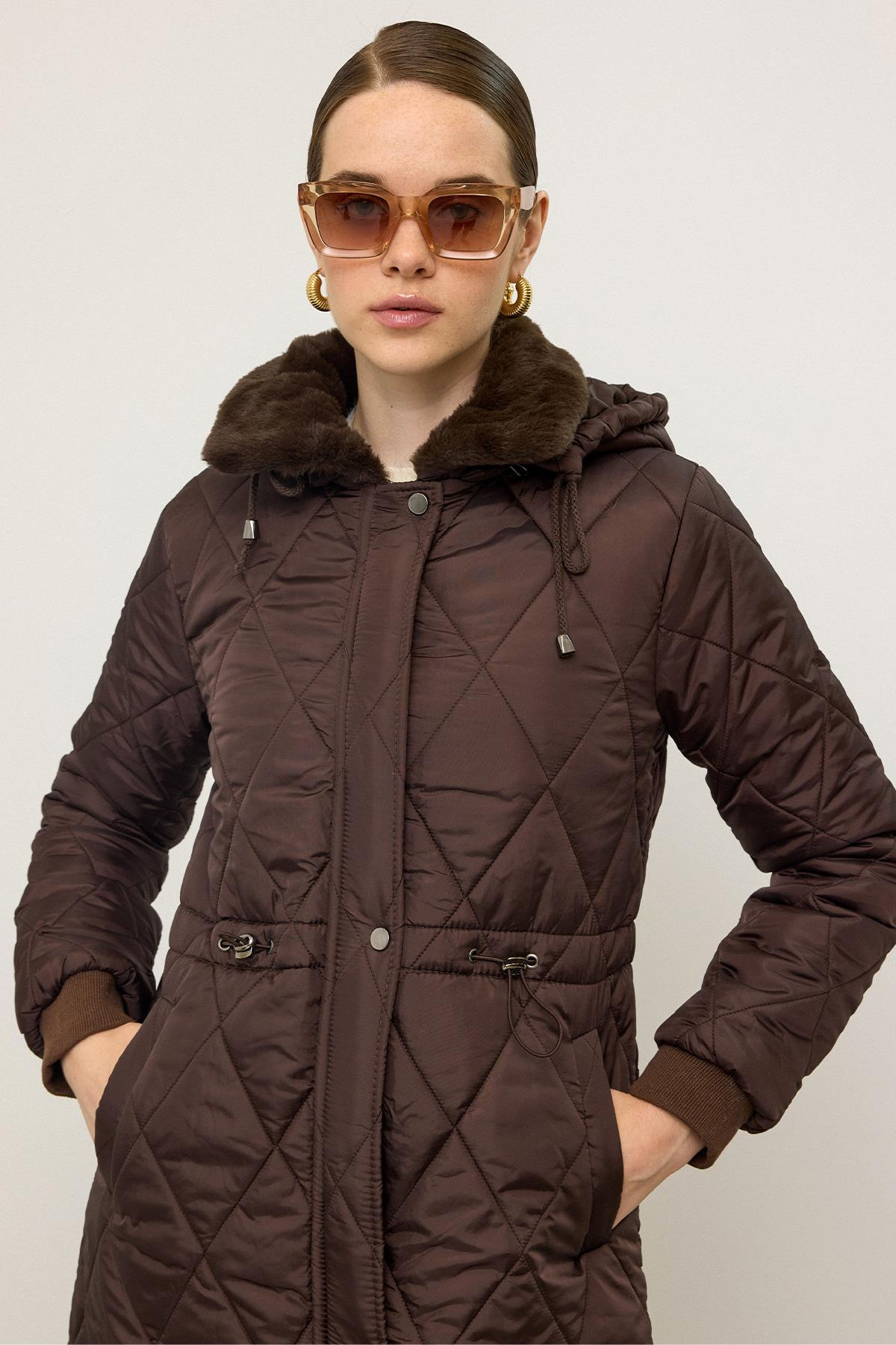 Removable Hooded Fur Collar Quilted Coat COFFEE 6624
