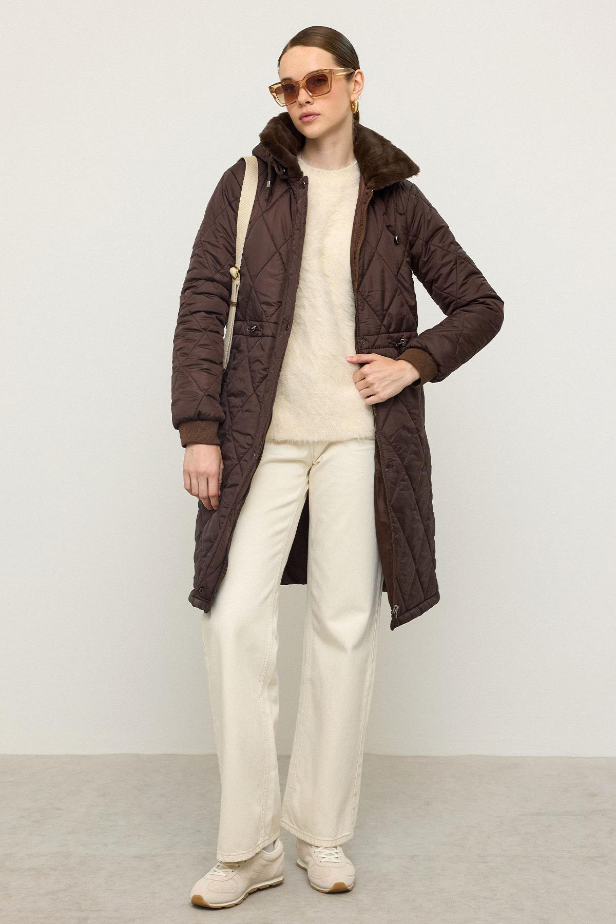 Removable Hooded Fur Collar Quilted Coat COFFEE 6624